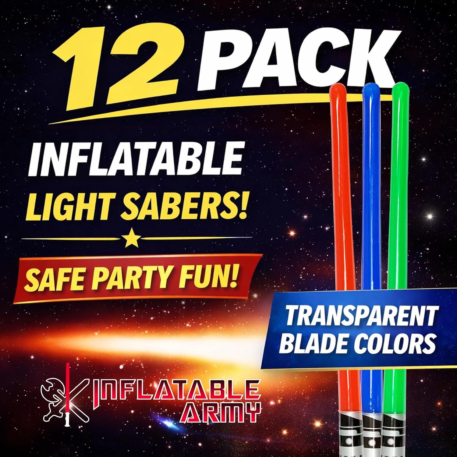 Inflatable Army 12 Inflatable Light Saber Sword Toys - 4 Green, 4 Red 4 Blue Lightsabers - Party Favor, Halloween Costume, Treats