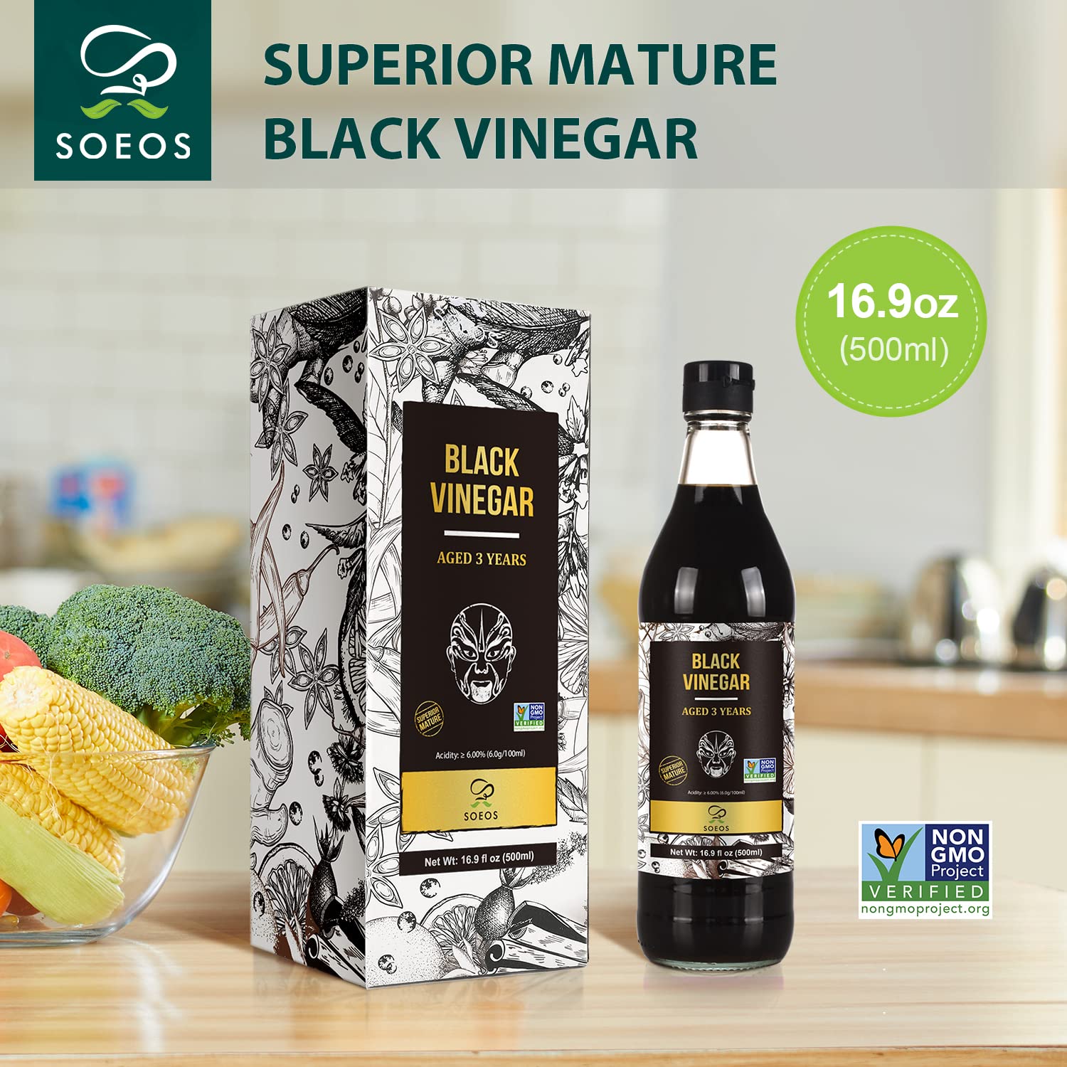 Soeos Chinkiang Vinegar, 16.9 fl oz (500ml), 3 Years Aged Black Vinegar | Chinese Black Vinegar, Zhenjiang Vinegar, Black Rice Vinegar