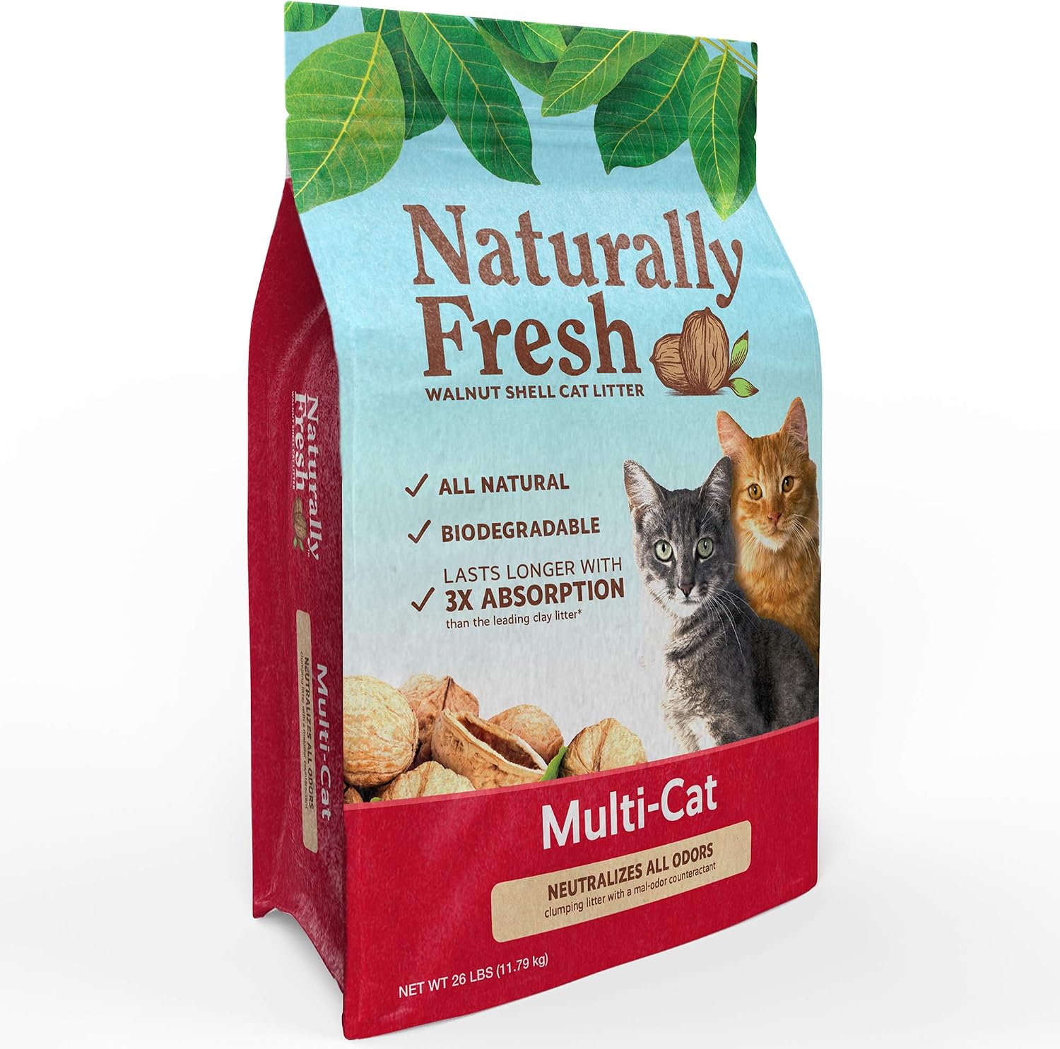Naturally Fresh Cat Litter Made From Walnut Shells, Unscented, Multi-Cat, Upcycled, Low Dust, Sustainable, 26 Lbs