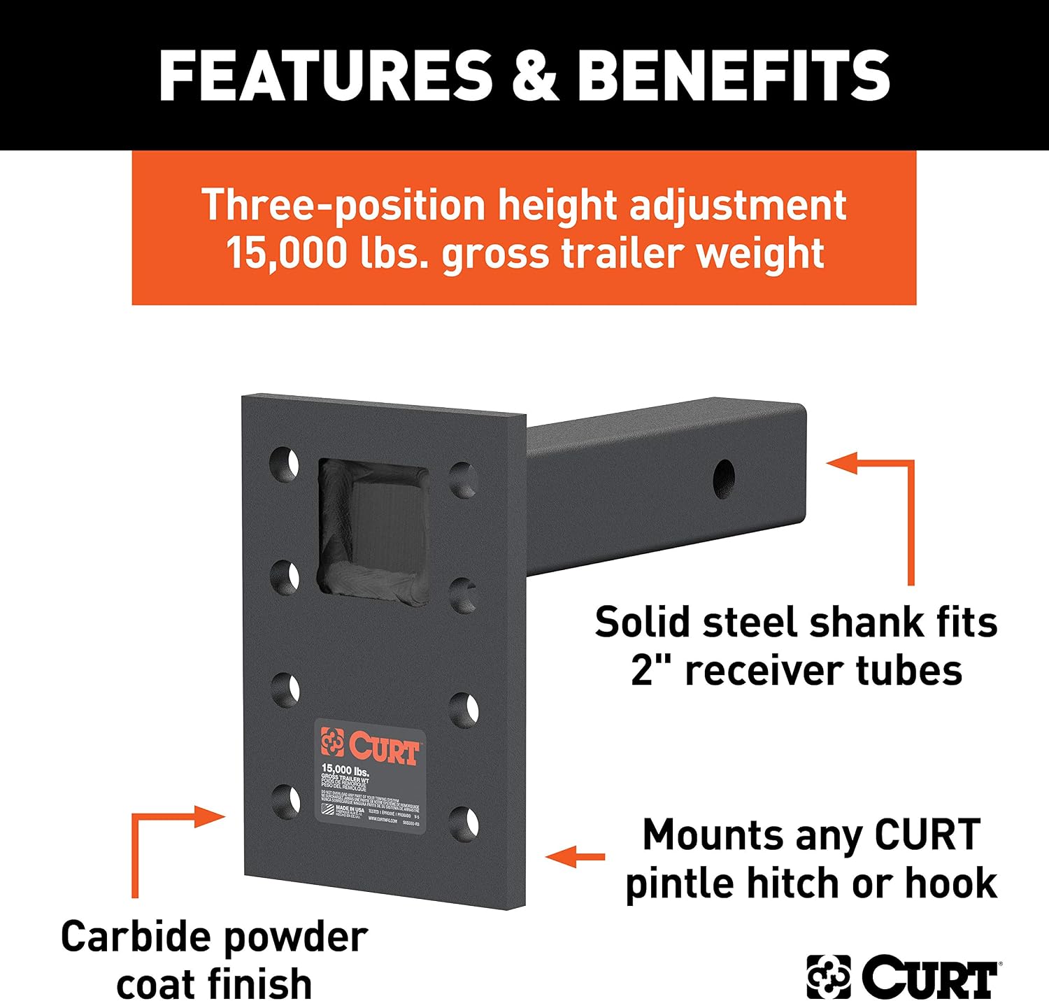 CURT 48325 Adjustable Pintle Mount for 2-Inch Hitch Receiver, 15,000 lbs., 6-1/2-Inch Drop, 8-Inch Length
