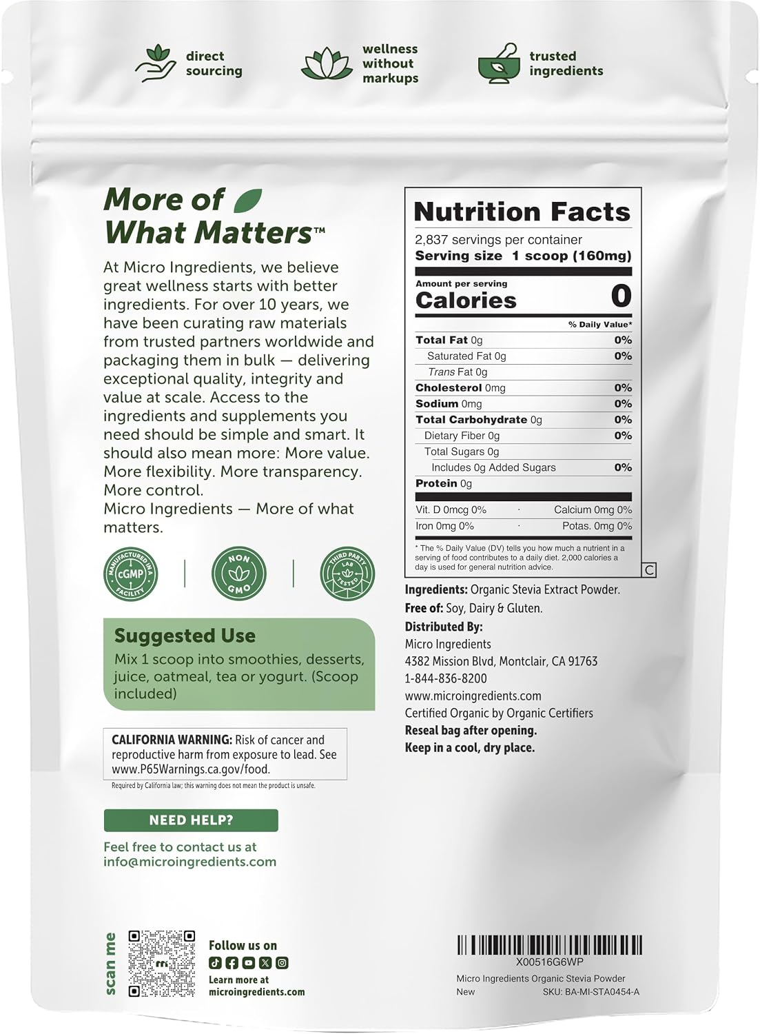 Micro Ingredients Pure Organic Stevia Powder, 8 Ounces, 1418 Serving, Highest Grade Green Leaf Extract Reb-A, Reduced Bitter Aftertaste, 0 Calorie, Natural Sweetener, Sugar Alternative, Keto Friendly
