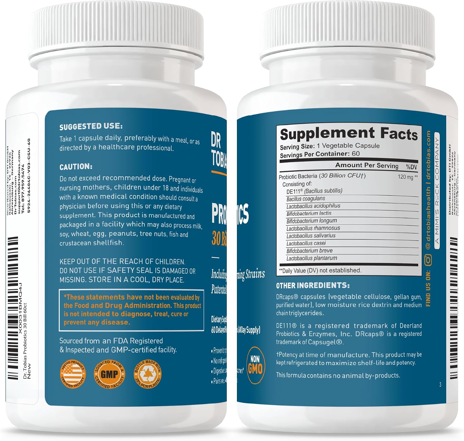 Dr. Tobias Probiotics 30 Billion CFU 30 Capsules | Gut Health Support | Daily Digestive Support | 10 Probiotic Strains | Targeted Release Probiotics for Women & Men | Shelf Stable | 30 Servings
