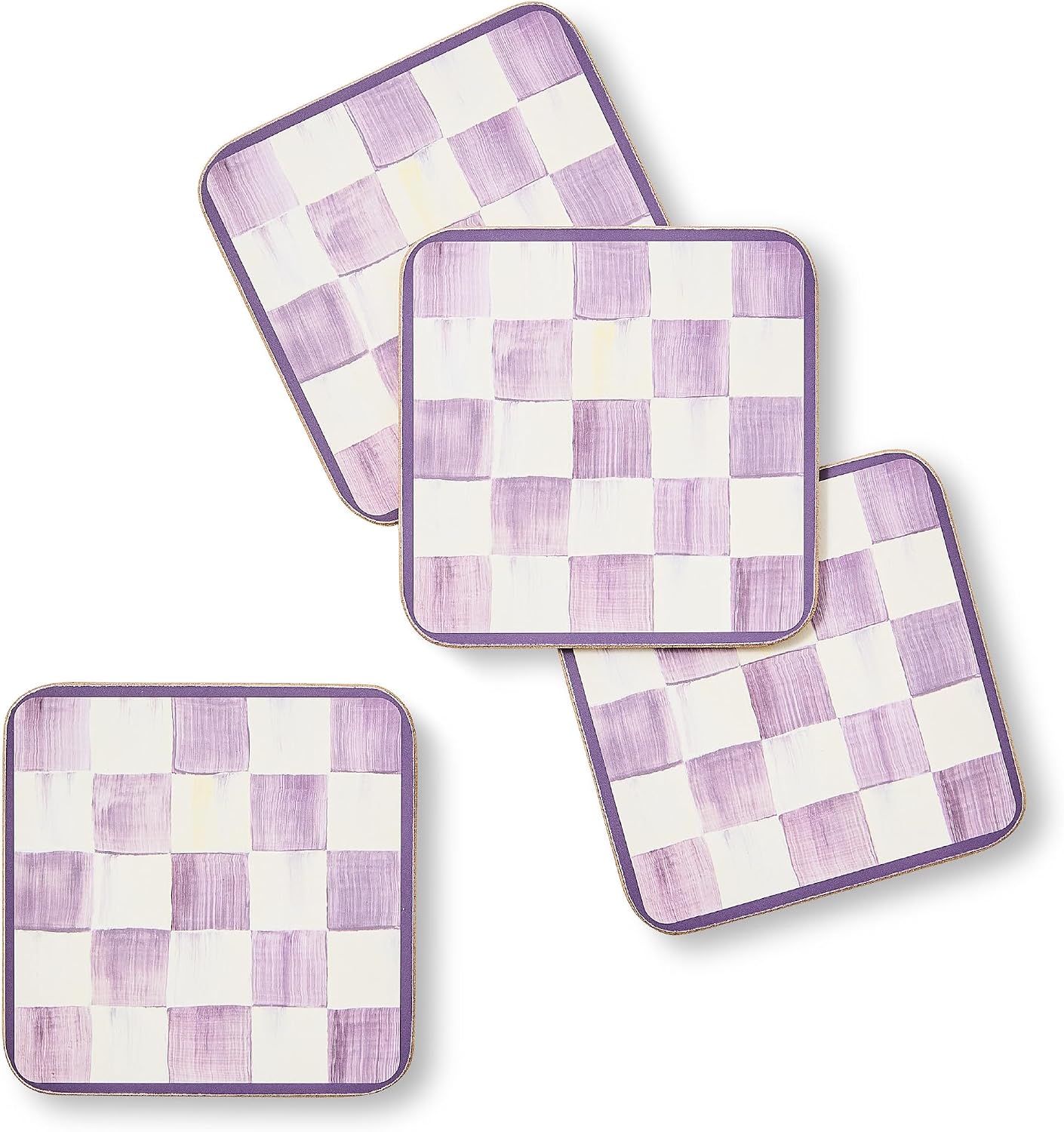 MACKENZIE-CHILDS Square Coasters Set, Black-and-White Courtly Check | Hand-painted design, made from MDF with a cork back, table coasters for drinks, 4" square, set of 4
