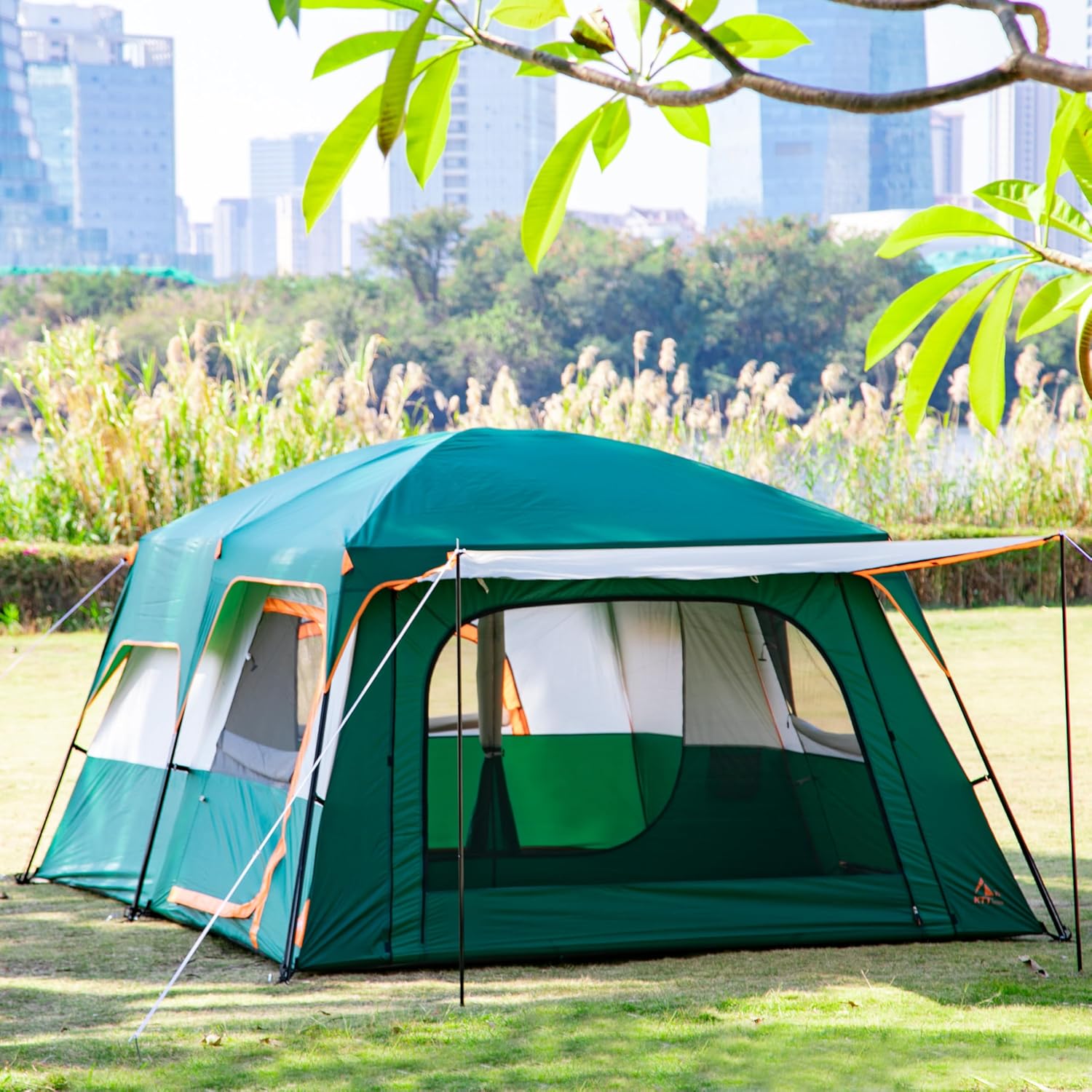 KTT Extra Large Tent 12-14 Person, Family Cabin Tents, 2 Rooms, Straight Wall, 2 Doors 4 Windows with Mesh, Waterproof, Double Layer