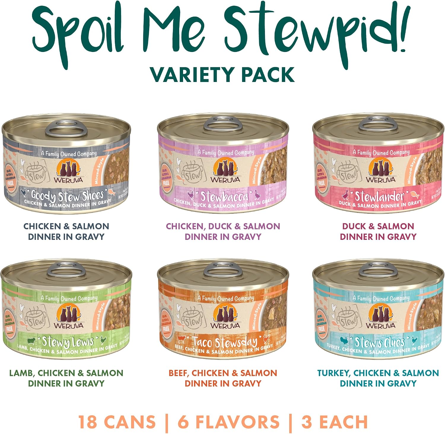 Weruva Classic Stews Cat Food, Spoil Me Stewpid! Variety Pack, 3oz Can (Pack of 18)