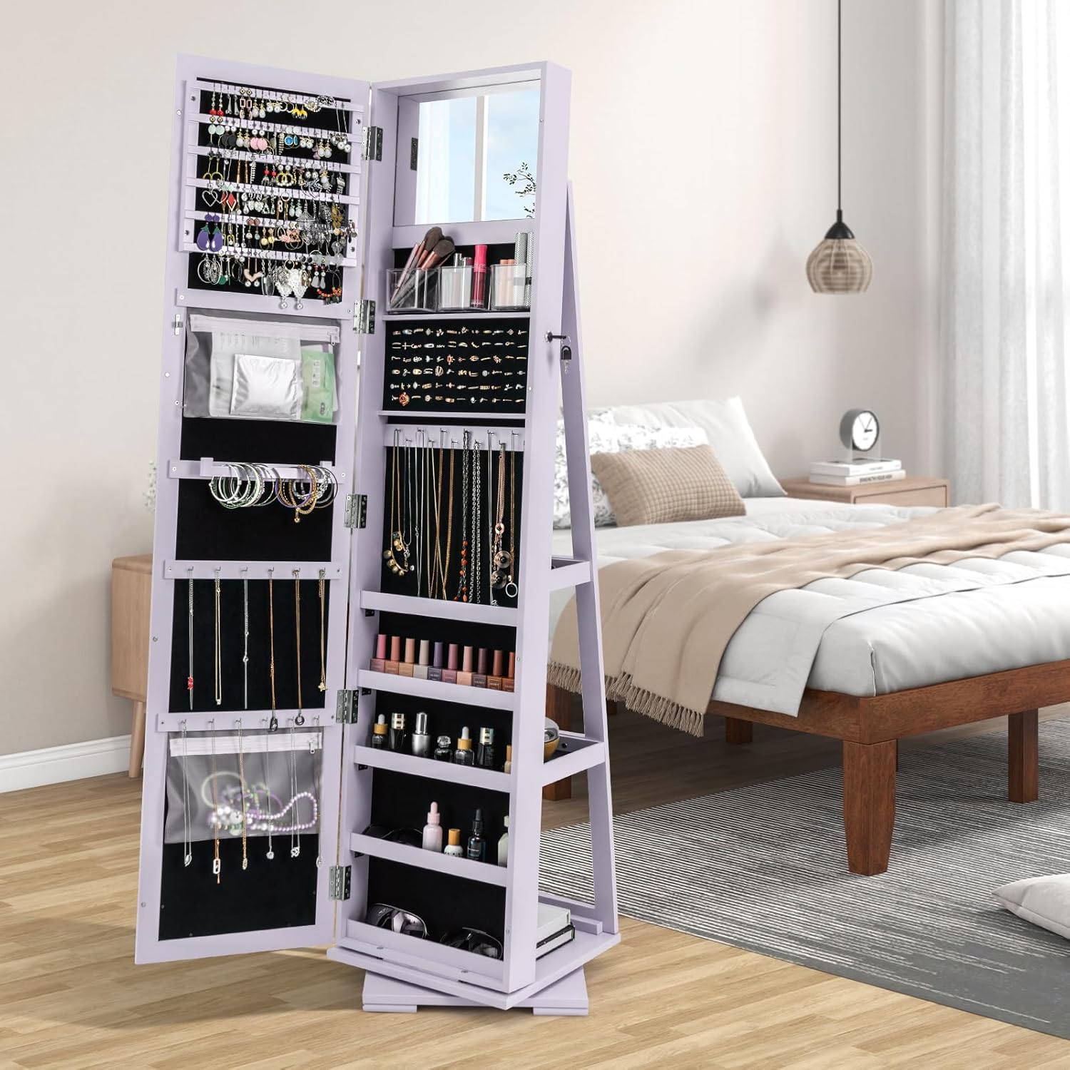 CHARMAID 360° Swivel Jewelry Armoire with Higher Full Length Mirror, Standing Lockable Jewelry Cabinet Organizer with Large Storage Capacity