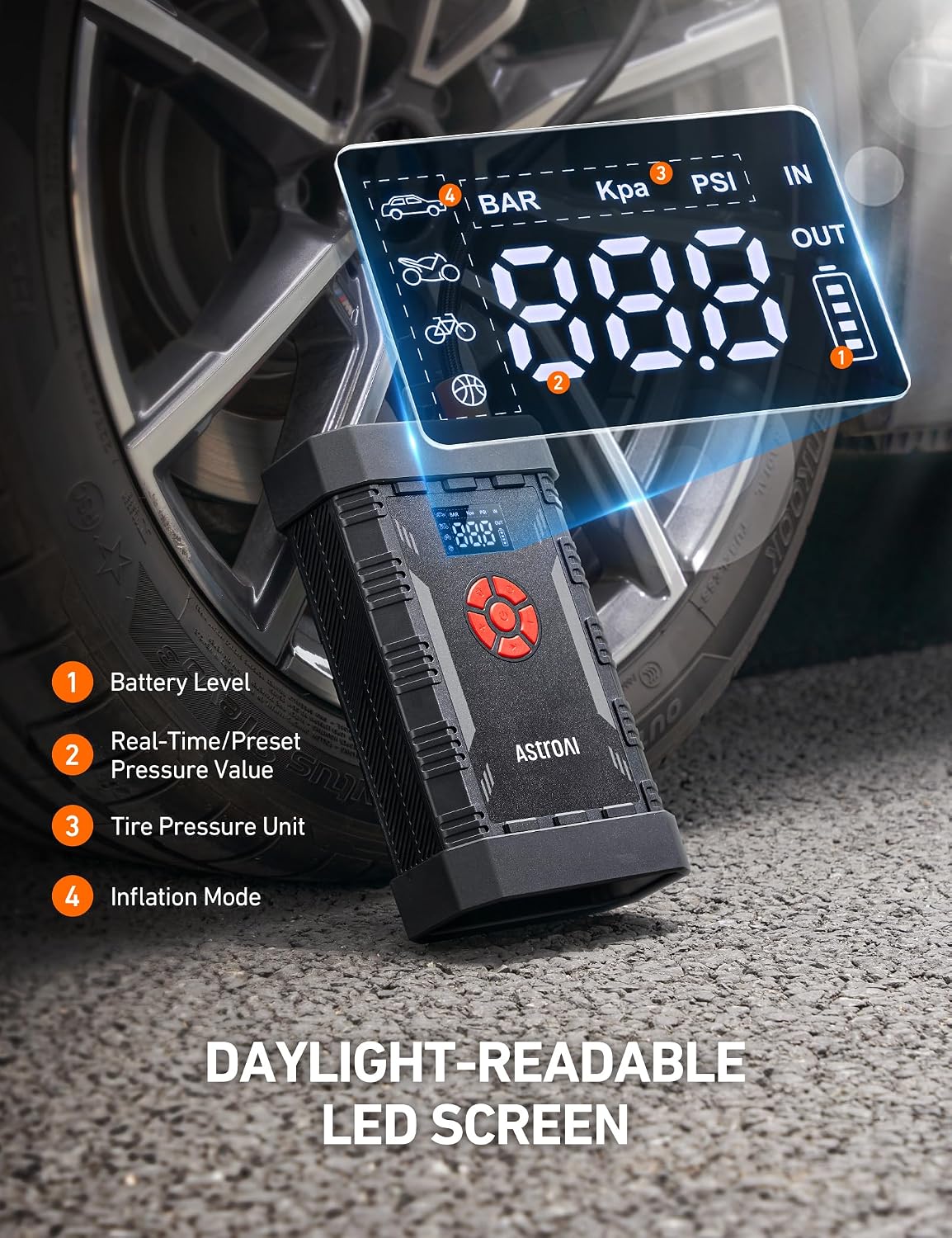 AstroAI S8 Air Jump Starter with Air Compressor, 3000A Peak Car Battery Jump Starter Portable (9.0 Gas/6.5L Diesel) with 150PSI Cordless Auto-Shutoff Tire Inflator, 12V Battery Charger Booster(Orange)