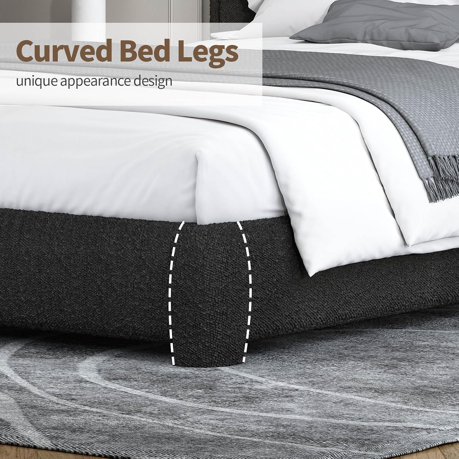 BarnFurin Full Bed Frame, Cloud Boucle Headboard, Rounded Corners, White | Soft boucle and rounded edges create a low-profile cloud look. Wooden slats support the mattress without a box spring