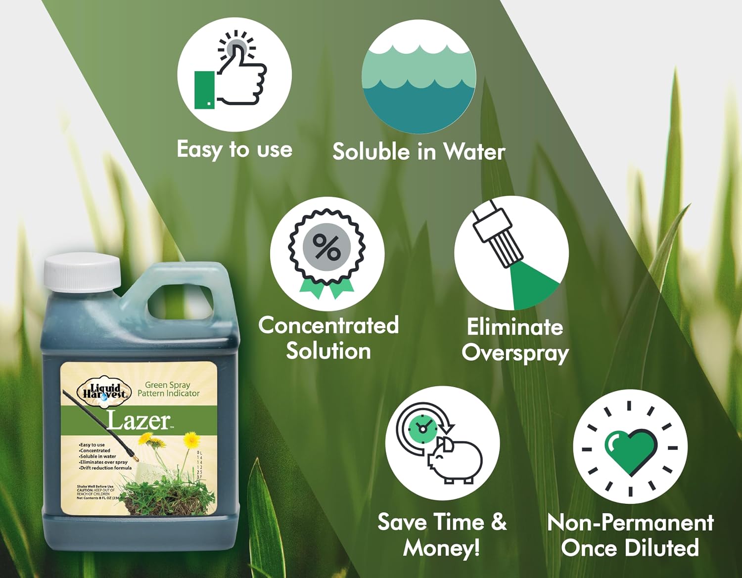 Liquid Harvest Lazer Green Concentrated Spray Pattern Indicator - 1 Quart (32 Ounces) - Perfect Weed Dye, Fertilizer Marking Dye, Turf and Herbicide Marker