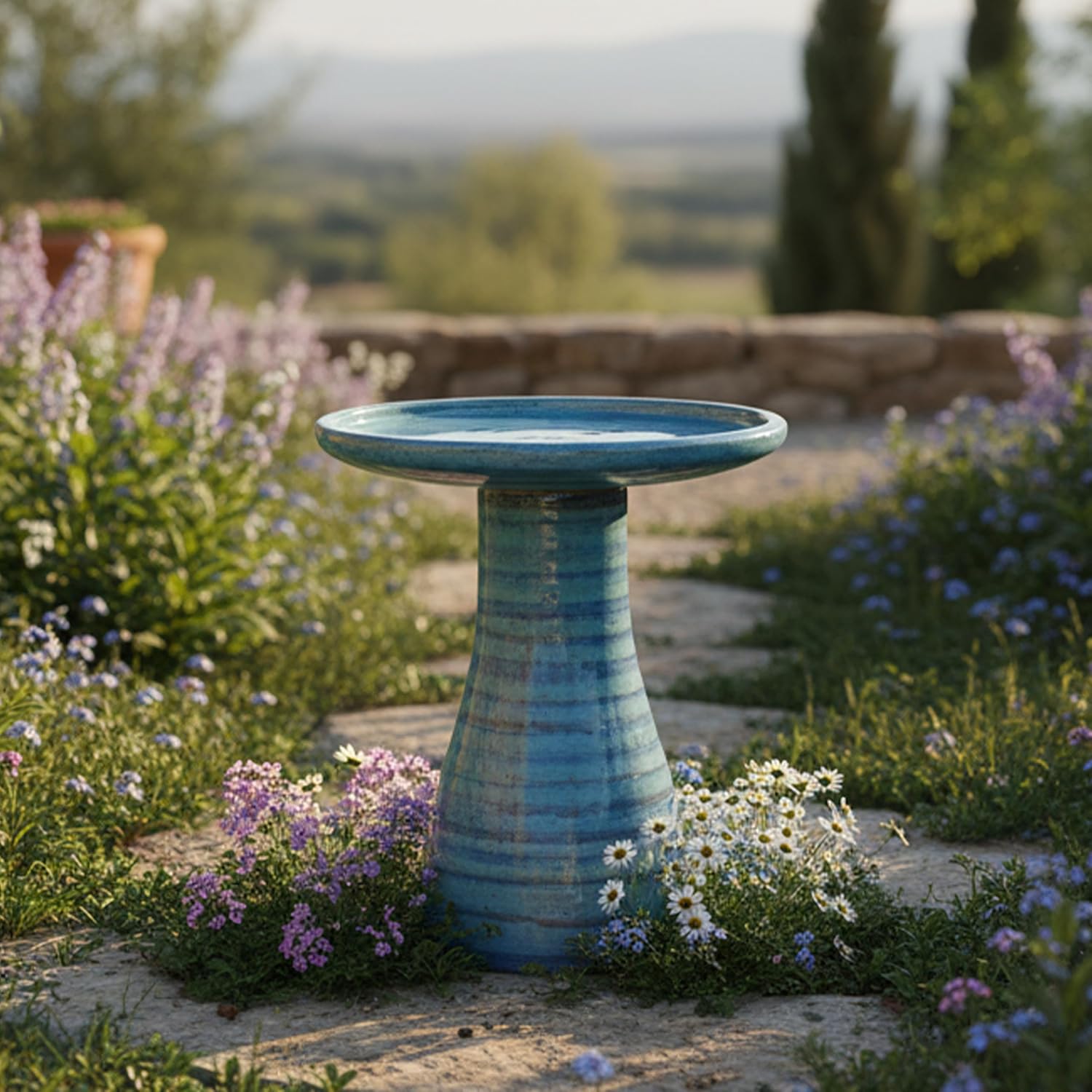 Sunnydaze Ceramic Bird Bath, Weather-Resistant Finish, 21” H, Galaxy Blue