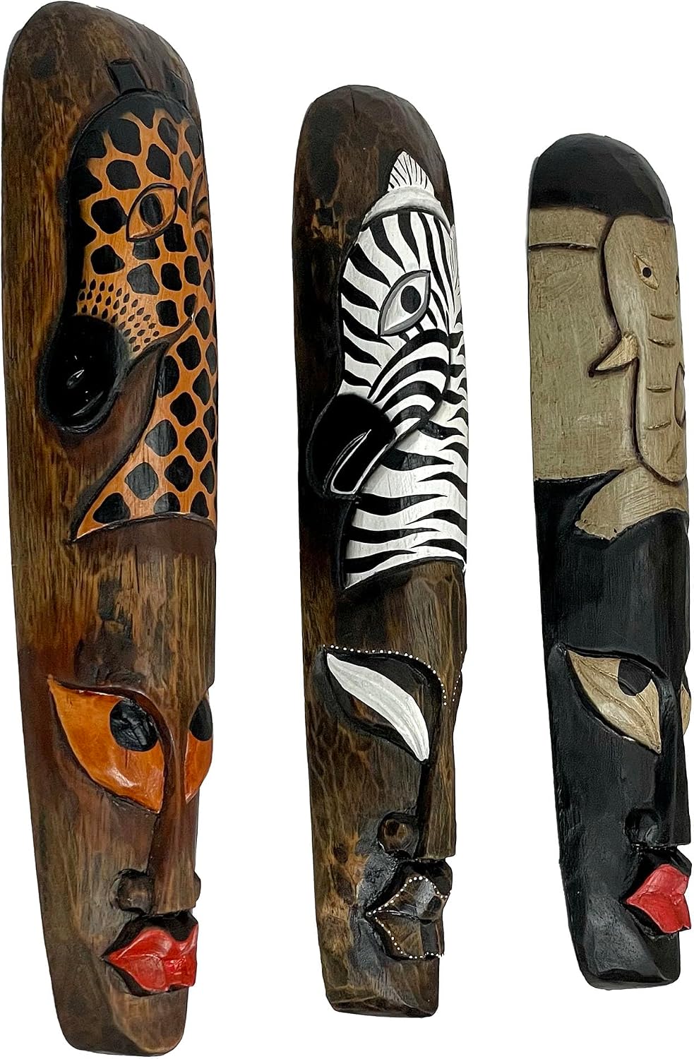 Set Of 3 African Wildlife Wooden Wall Masks | 19 In. Tall by 5 In. Wide, 2 In. Deep, Hand-Painted, Handcarved by Artisans, Fair Trade Item