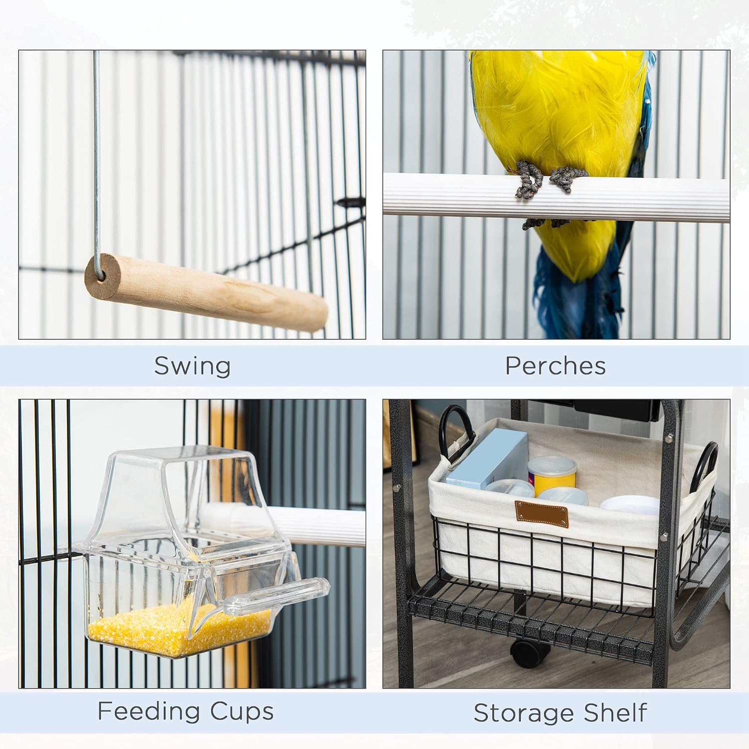 Pawhut 45-inch Metal Indoor Bird Cage, Parrot Cage, Bird Aviary with Detachable Rolling Stand, Storage Basket, and Accessories - Black | Parrot Cage
