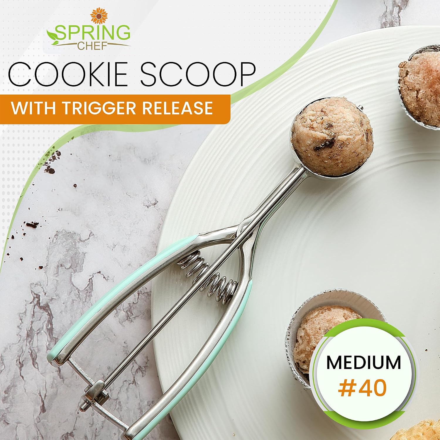 Spring Chef Medium Stainless Steel Cookie Scoop, #40, 1.7 Tablespoon, Black