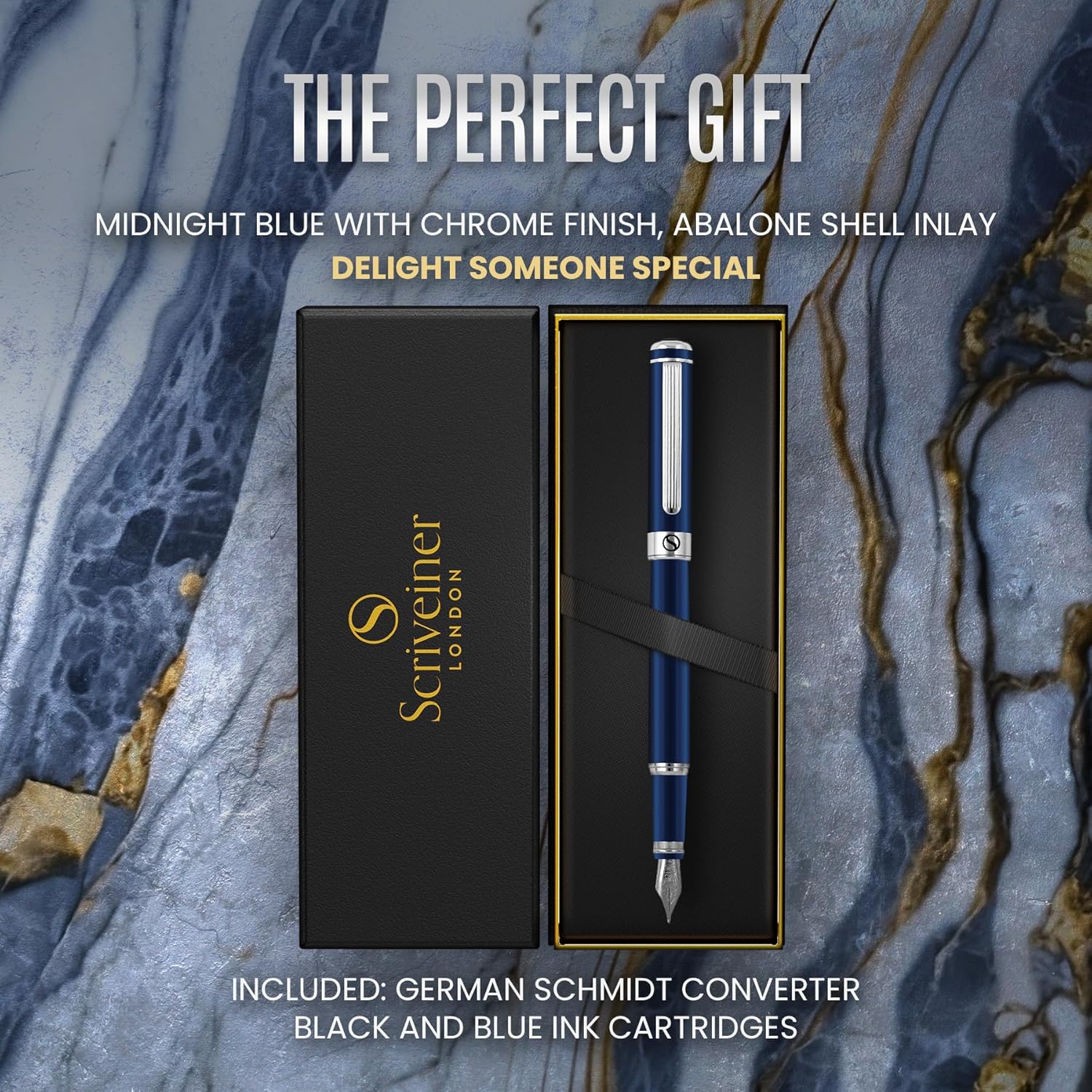 Scriveiner Silver Chrome Fountain Pen - Stunning Luxury Pen, Real Gold Finish Schmidt Gilded Nib (Medium), Best Pen Gift Set for Men & Women