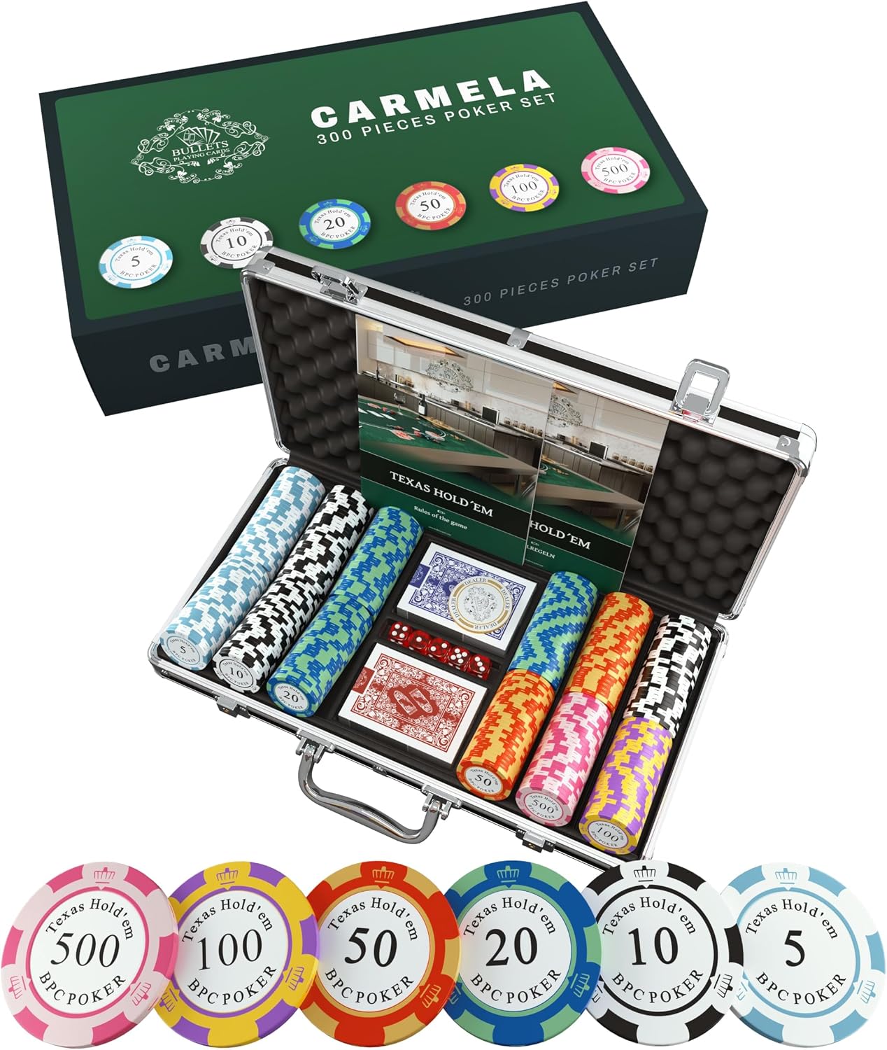 Bullets Playing Cards | Poker Set Corrado | 500 Clay Poker Chips (14 g) with Aluminum Case & Playing Cards – Texas Hold’em