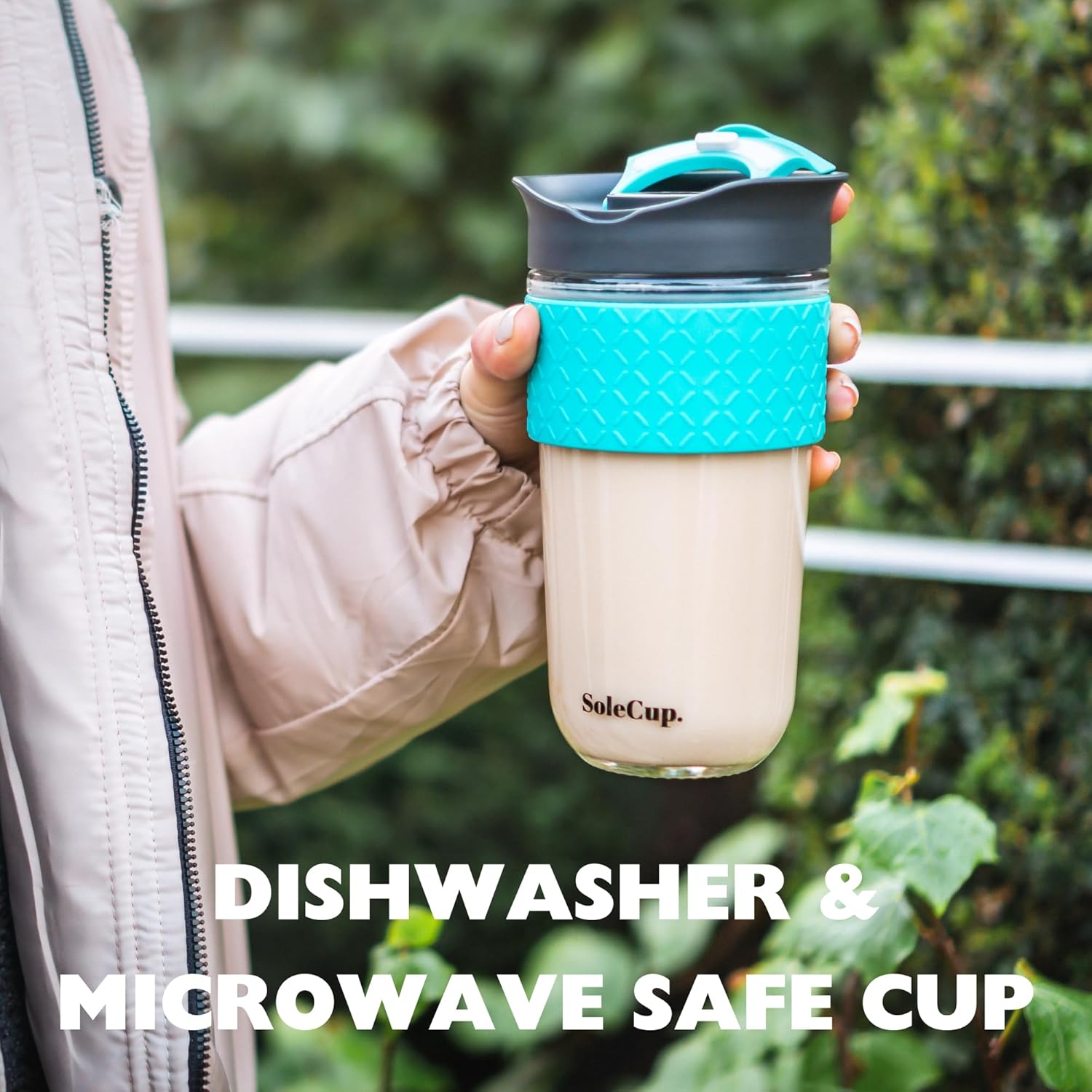Large Travel Mug - Reusable Glass Coffee Mug - 18oz/530ml BPA-Free Hot Drink Travel Mug with Lid & Silicone Band (Black, 18oz)