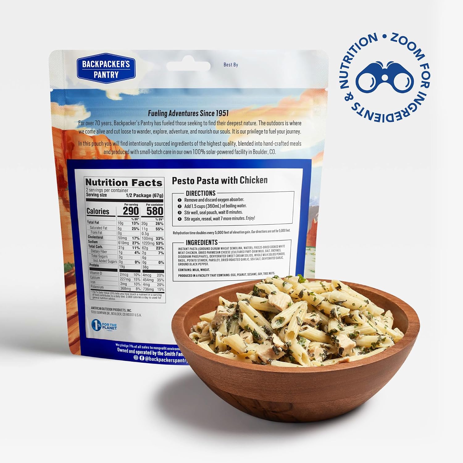 Backpacker's Pantry Lasagna | 1-Pack | 29g Protein | 620 Cal | Vegetarian, Nut Free | Made in the USA | Freeze Dried Meal & Camping Food