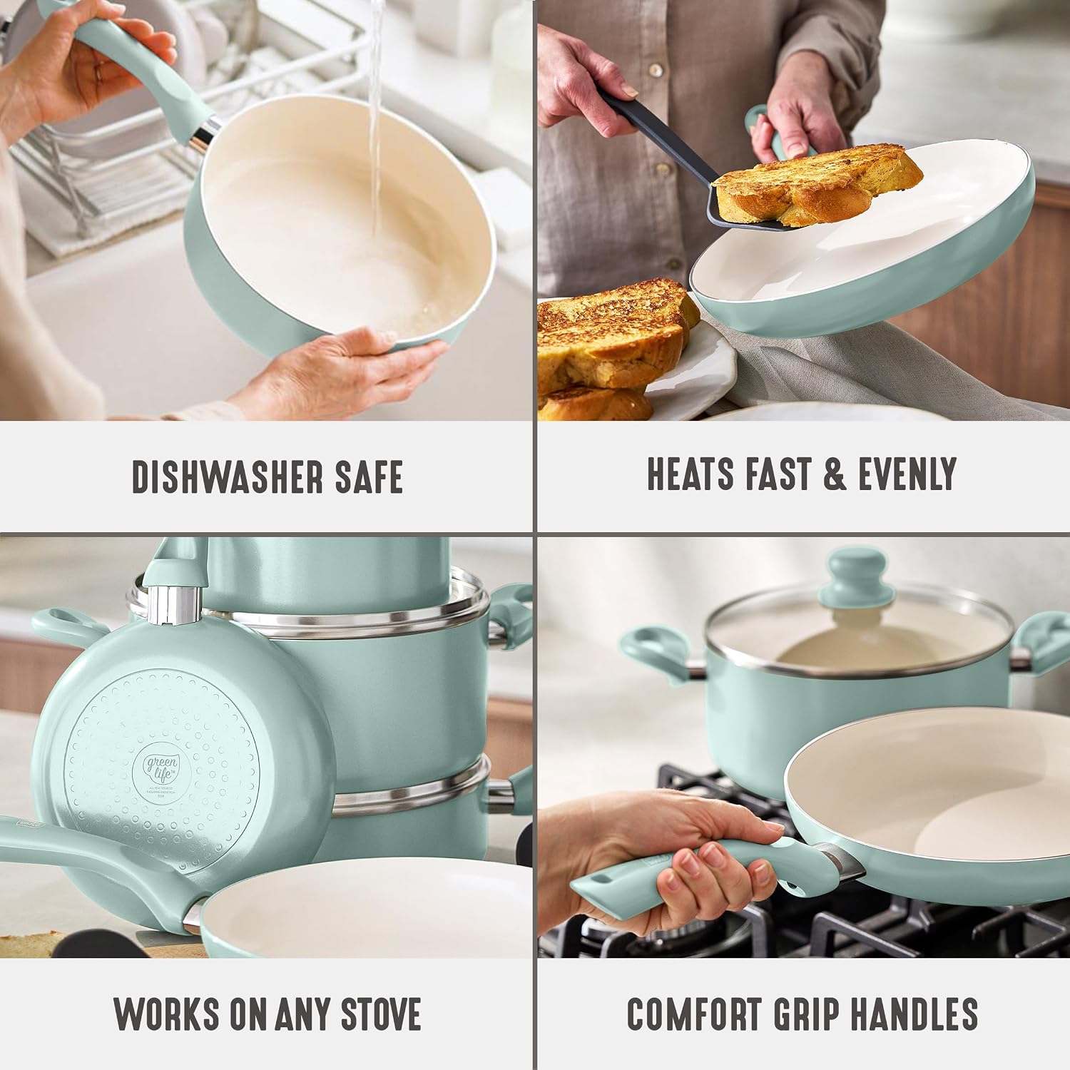 GreenLife 16 Piece Ceramic Nonstick Pots & Pans Cookware Set, Turquoise | PFAS-Free Ceramic Nonstick, Stockpot, Frying Pans, Saucepans, Sauté Pan, Stay-Cool Handles, Dishwasher & Oven Safe up to 350F