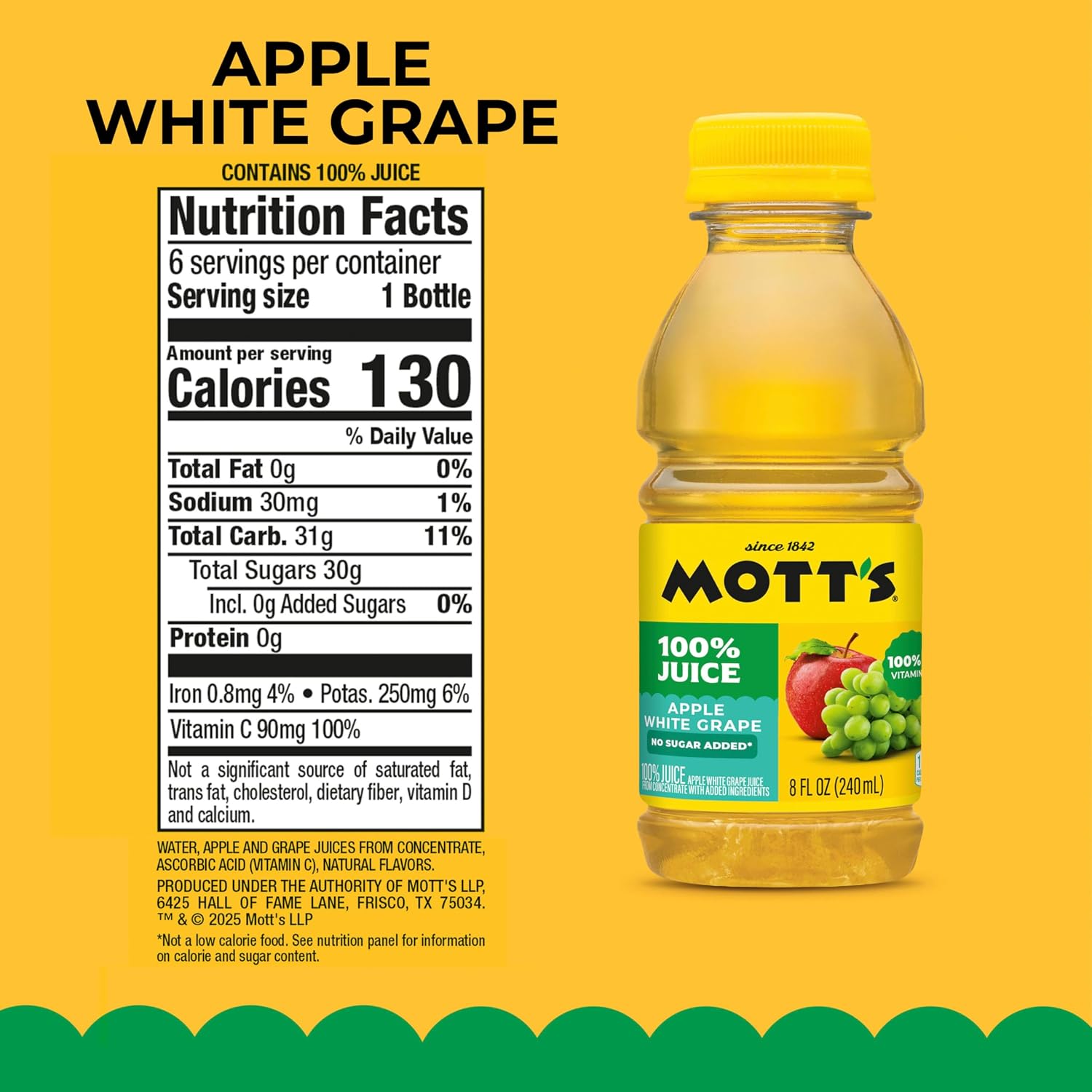 Mott's 100% Original Apple Juice, 64 Fl Oz Bottle (Pack Of 8), 2 Servings Of Fruit Per Cup, 100% Fruit Juice, Gluten-free, Caffeine-free, Kosher, And Contains No Artificial Colors Or Sweeteners