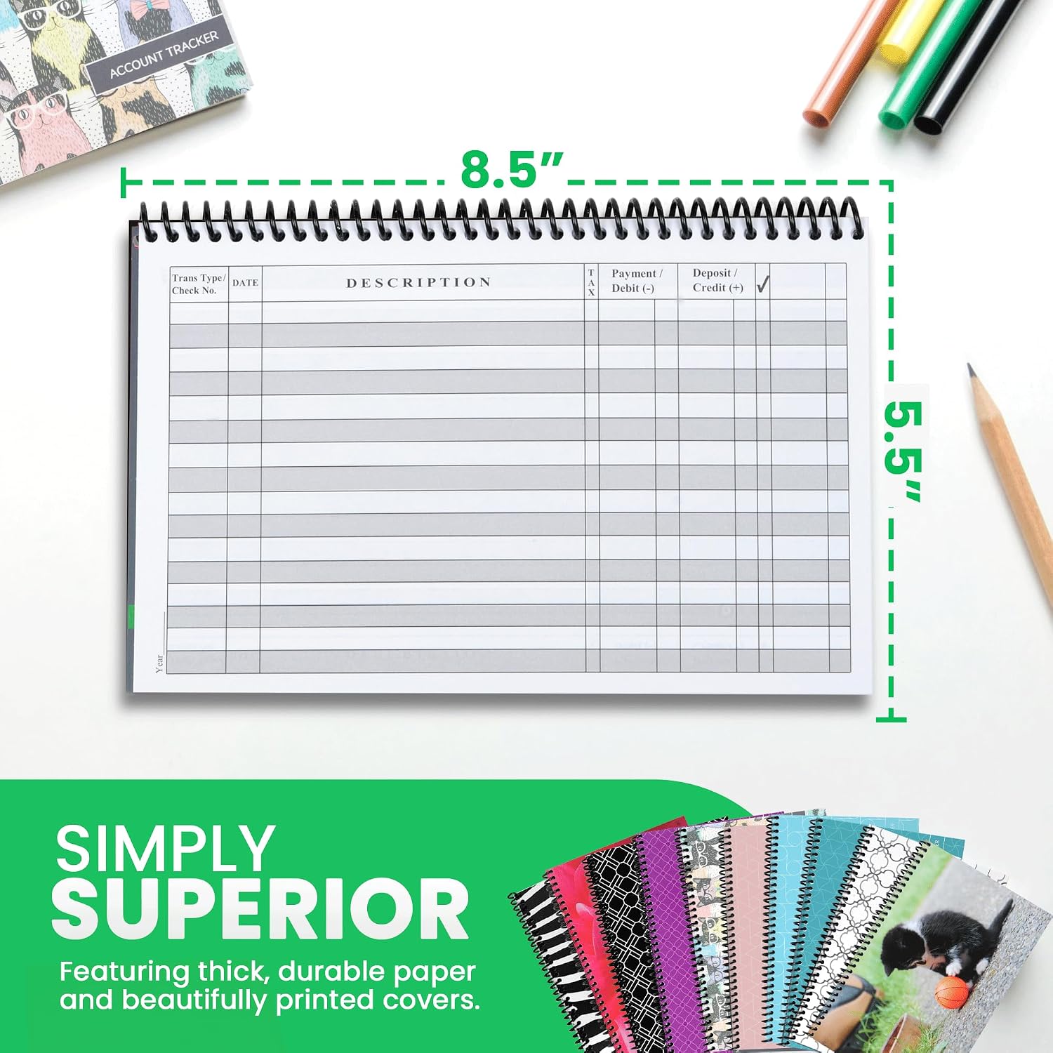 The Superior Register - Simple Account Tracker - Big Checkbook Register & Financial Ledger - Debit Card Register - Bank Register - 1 Pack, Teal, Wide Edition
