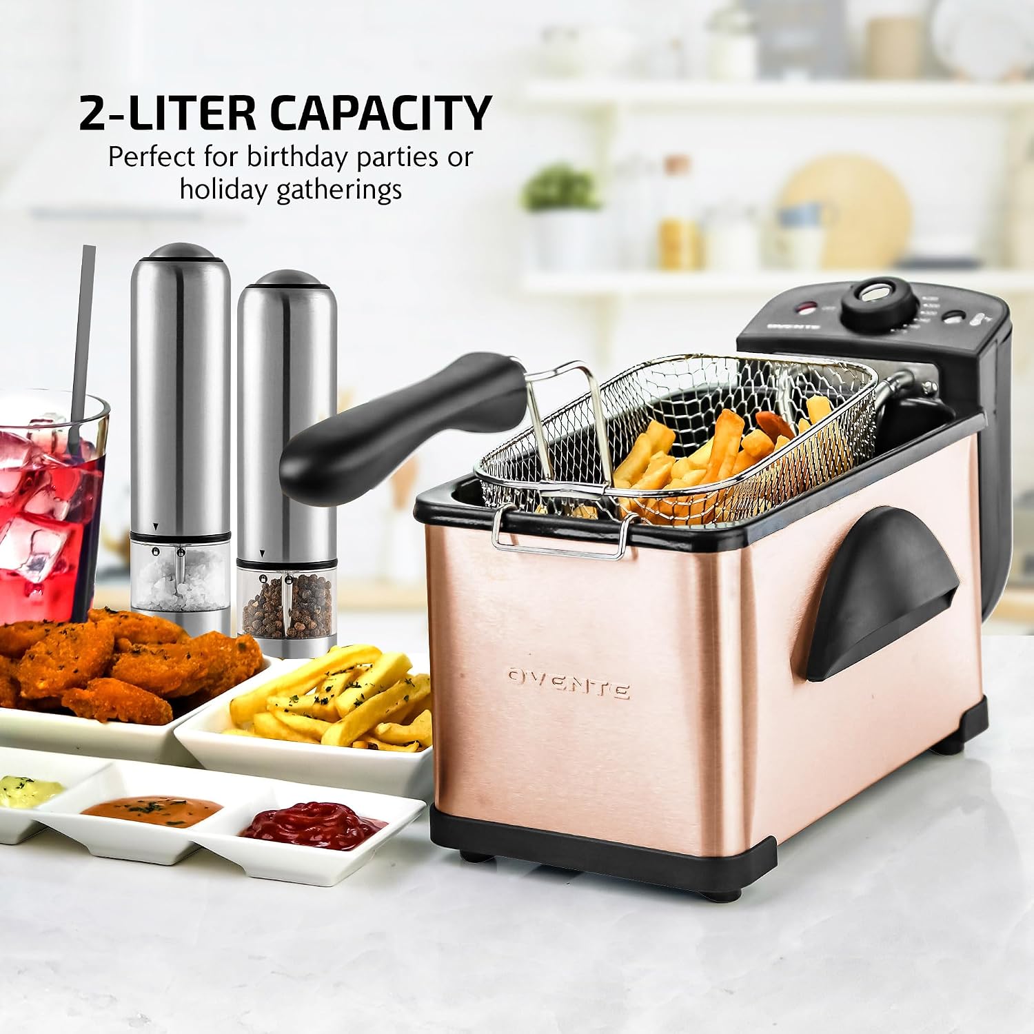 OVENTE Electric Deep Fryer, 0.9L Capacity, 840W, Silver FDM1091BR | Adjustable Temperature Knob, Locking Lid, Removable Frying Basket and Cool Touch Handle, Easy to Clean Stainless Steel Body