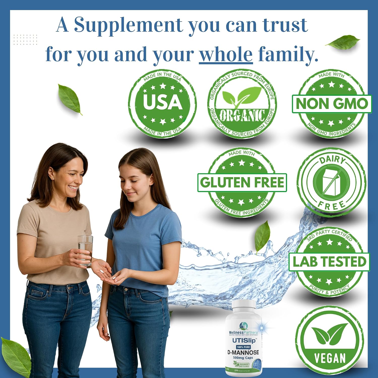 UTI Slip D-Mannose Non GMO Organic Source Veggie Capsules 90 Count (500 Mg)