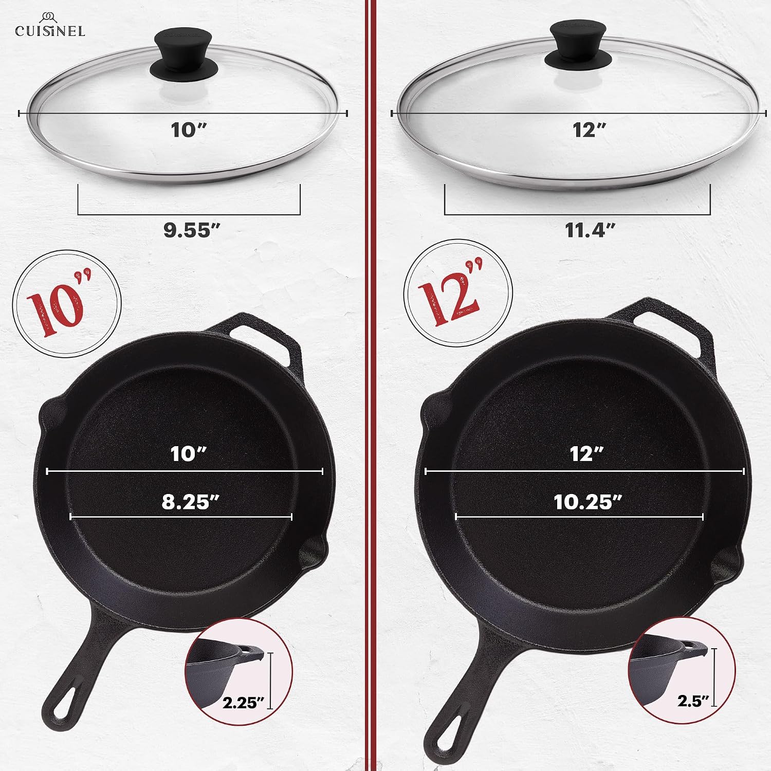 Cuisinel Cast Iron Skillet with Lid - 10"-Inch Pre-Seasoned Frying Pan + Glass Cover + Heat-Resistant Handle Holder - Indoor/Outdoor Use - Grill, Stove, Camp Firepit, Induction - Oven Safe Cookware