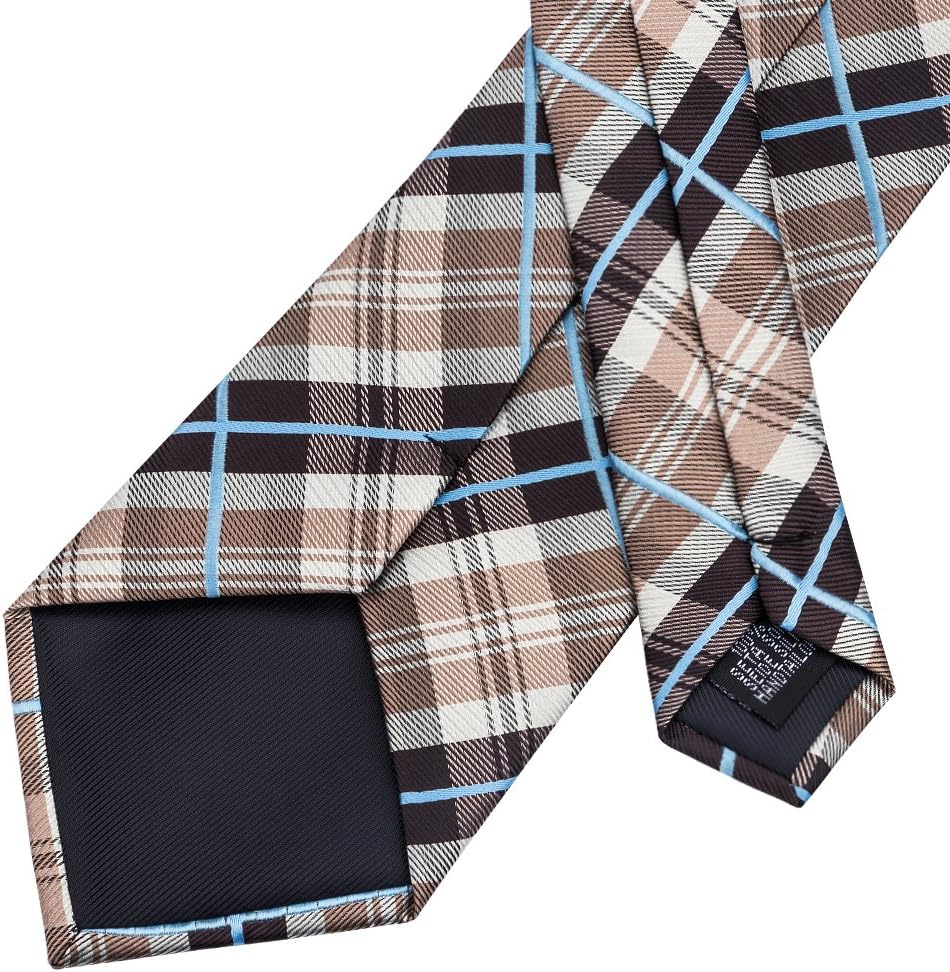 Barry.Wang Plaid Ties for Men Silk Necktie Handkerchief Cuff Links Set