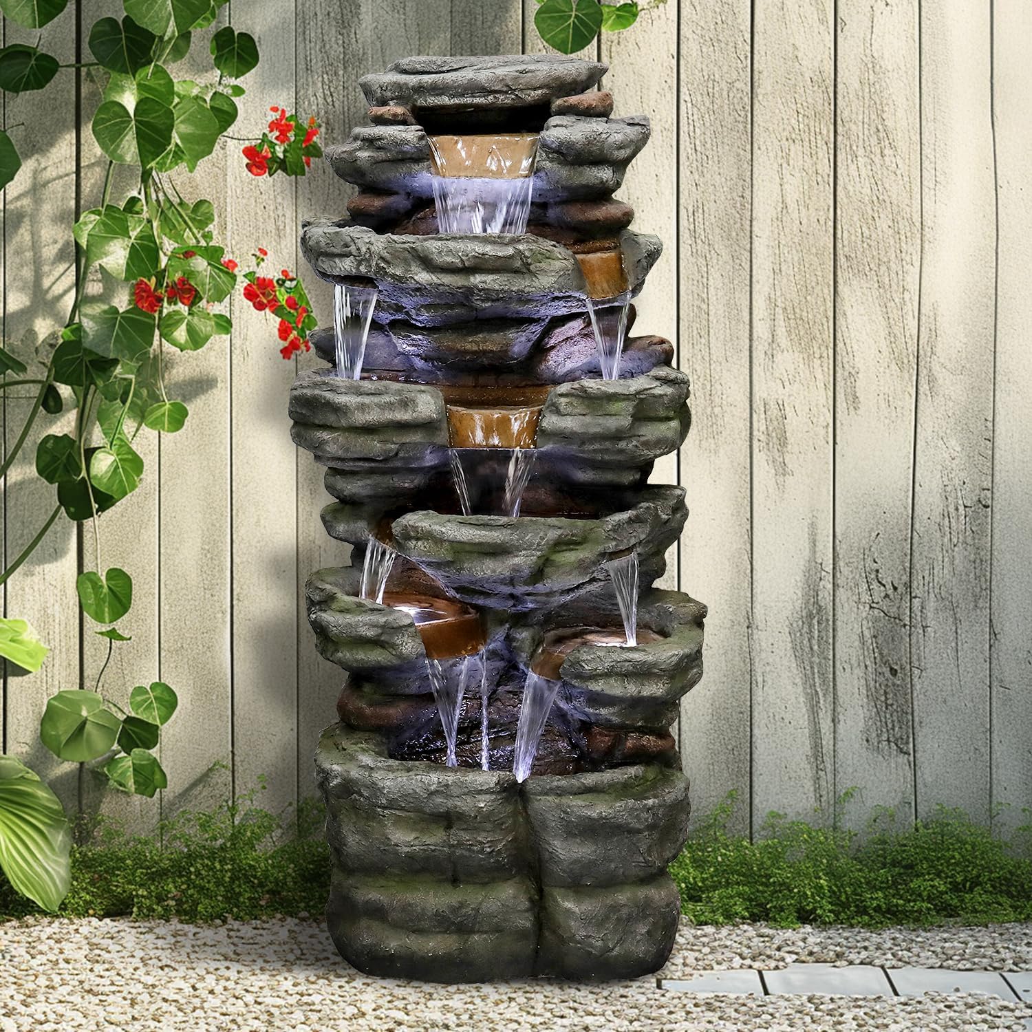SunJet 40.5” High Rocks Outdoor Water Fountain - 6-Tiers Cascading Waterfall with LED Lights, Soothing Tranquility for Home Garden, Yard Decor