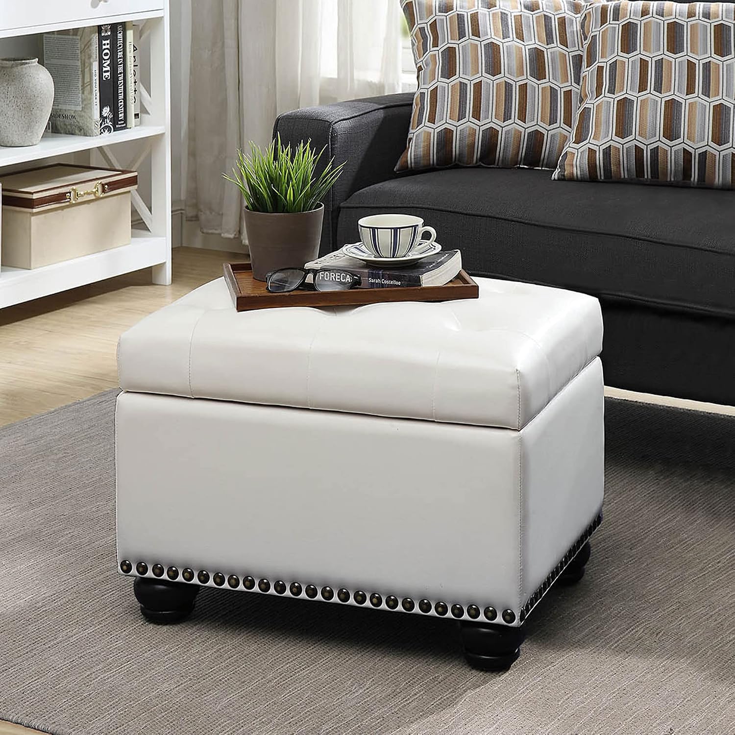 Convenience Concepts Designs4Comfort 5th Avenue Storage Ottoman 24" - Contemporary Foot Stool and Seat with Hinged Lid for Living Room, Dining Room, Office, Den, Espresso Faux Leather