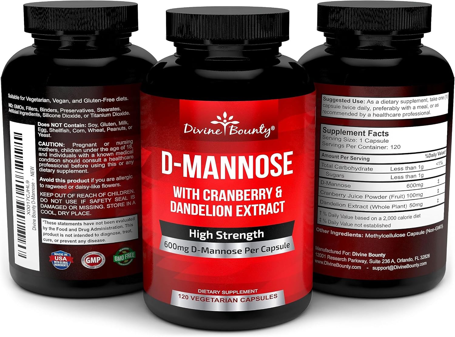 Divine Bounty D-Mannose 600mg with Cranberry & Dandelion Extract, 120 Caps | UTI