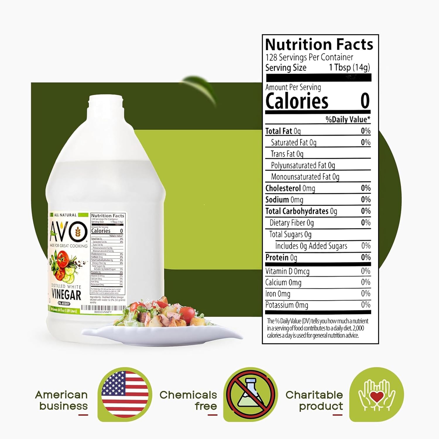AVO Distilled White Vinegar 1 Gallon (128 oz) - 5% Acidity, Pure Natural White Vinegar Gallon