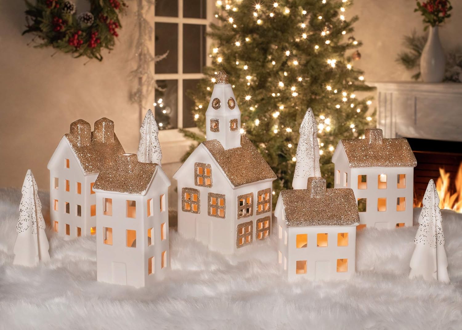 Mark Feldstein & Associates Village White Glitter 12 inch Porcelain LED Christmas Figurines 9 Piece Set