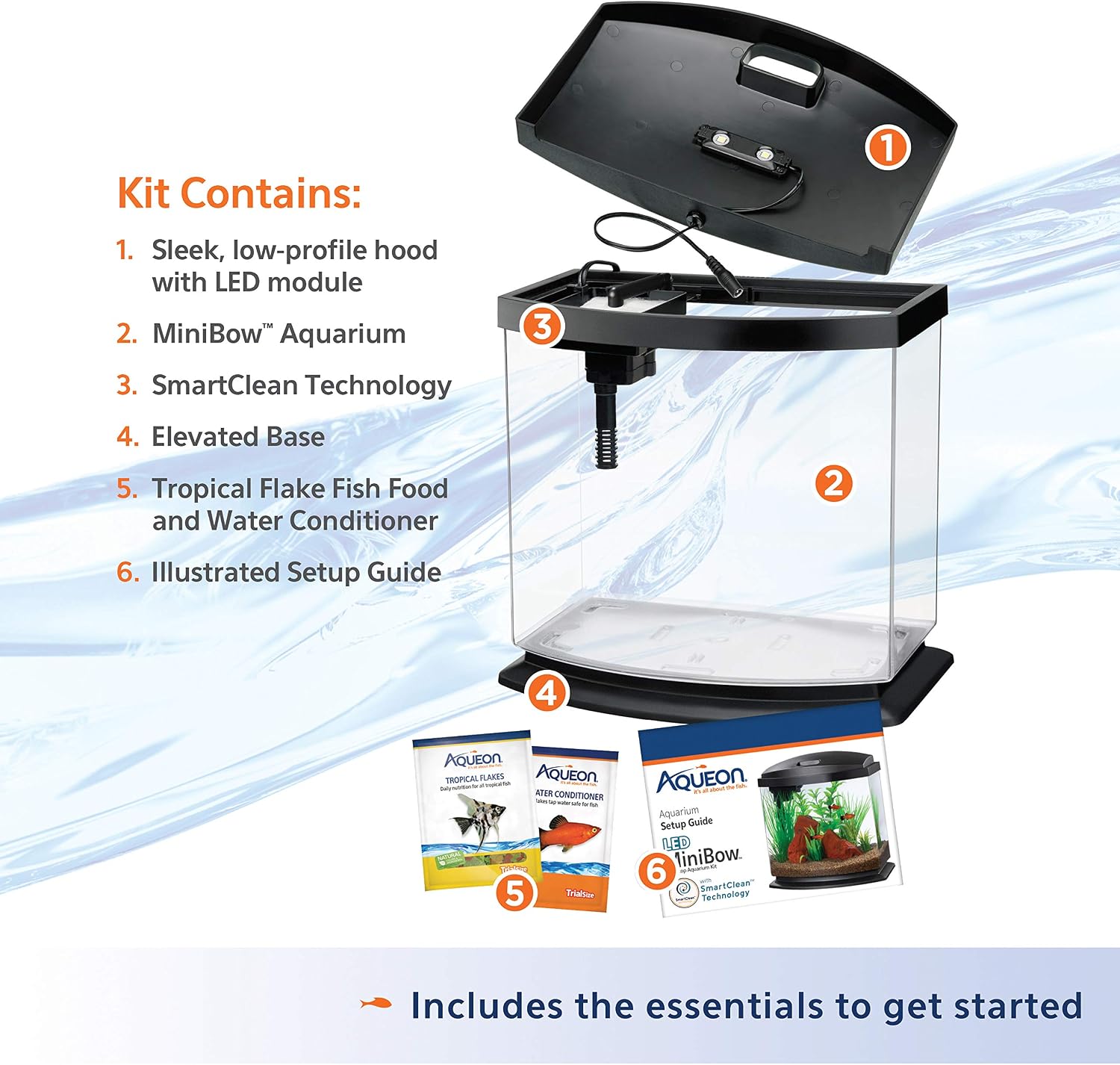Aqueon LED MiniBow Small Aquarium Fish Tank Kit with SmartClean Technology, Blue, 1 Gallon