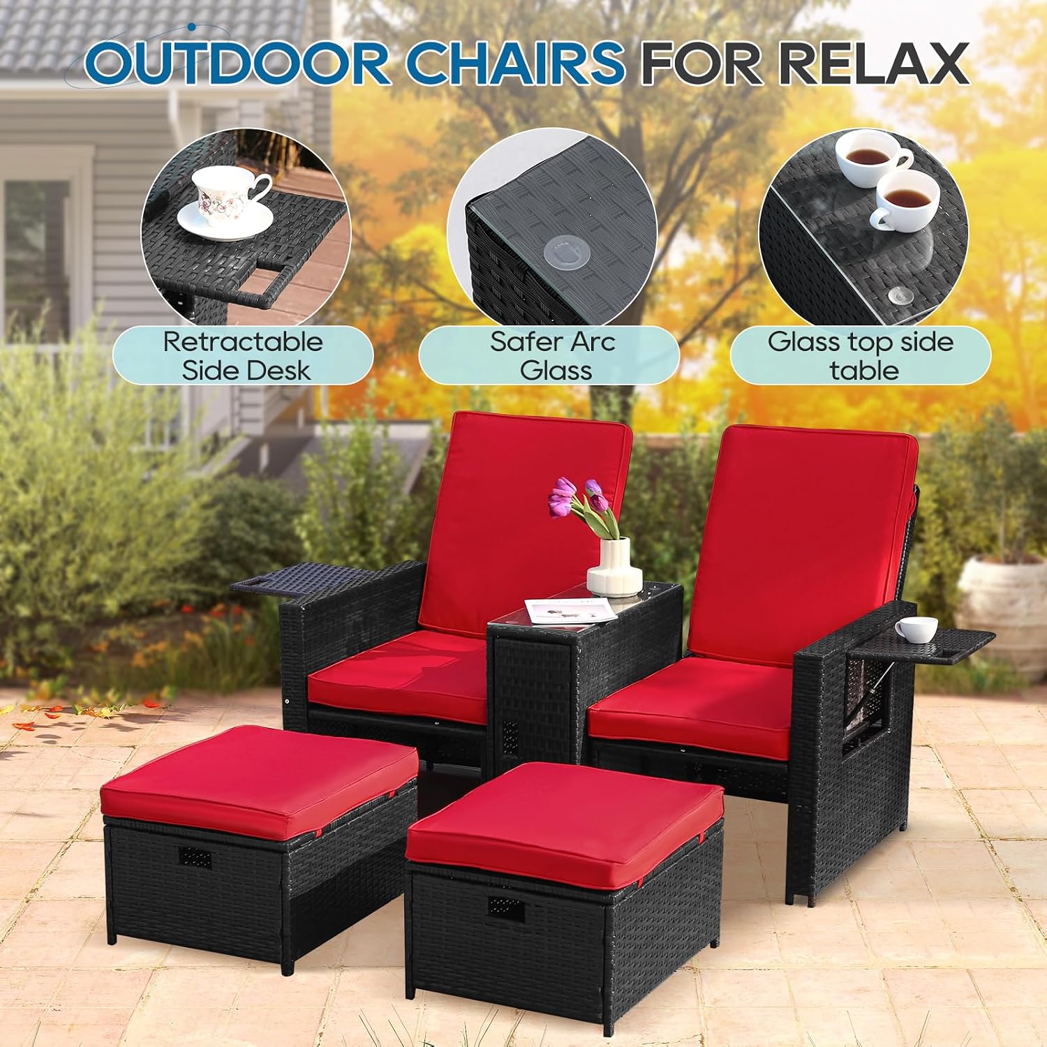 5PCS Outdoor Wicker Chaise Lounge Chair - Rattan Adjustable Reclining Patio Lounge Chair with Ottoman and Coffee Table