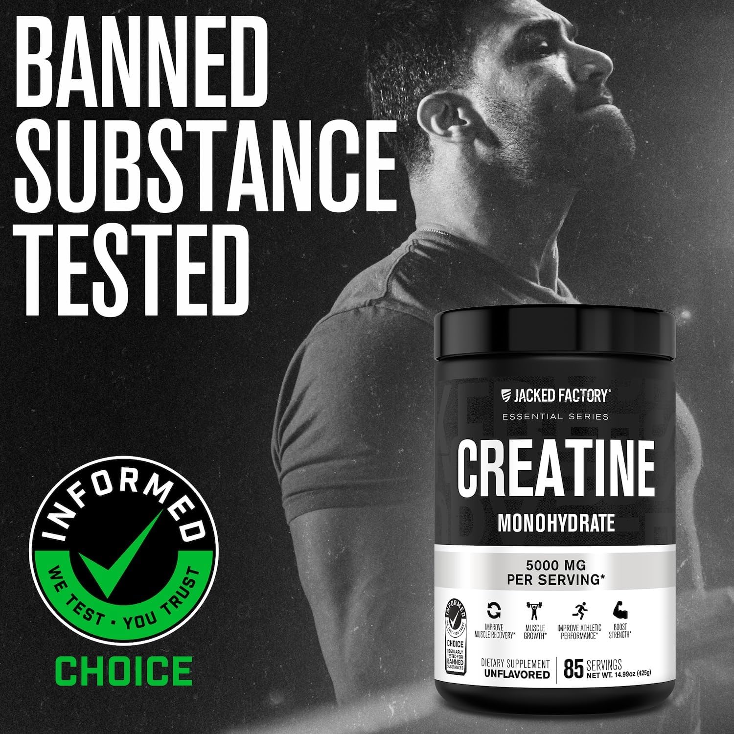 Jacked Factory Creatine Monohydrate Powder 425g - 5g Daily Micronized Creatine Monohydrate for Men and Women, Vegan-Friendly
