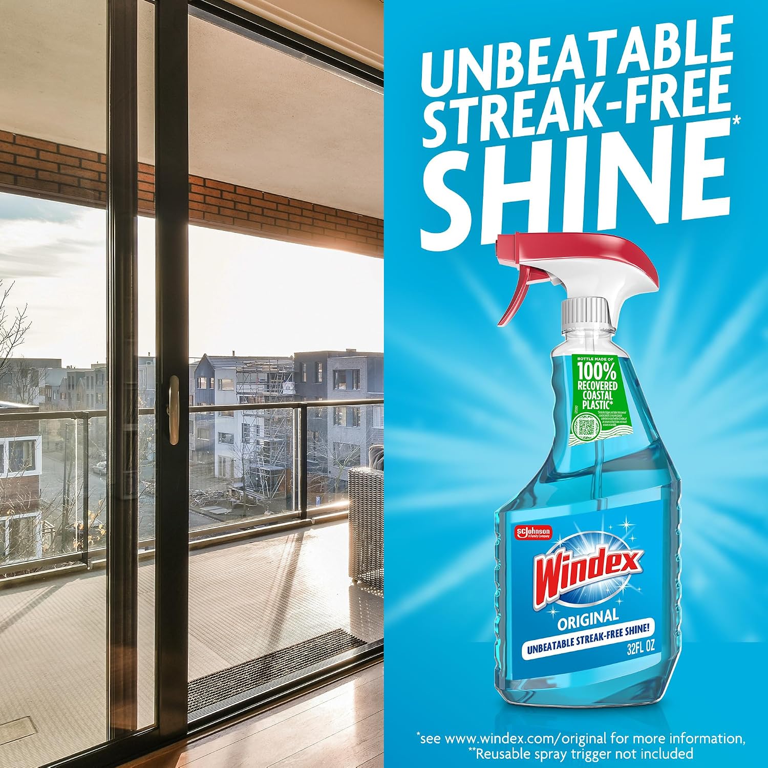 Windex refill glass and window cleaner, made from 100% recycled plastic, surface cleaning spray, original blue scent, 2L (67.6 fl oz)