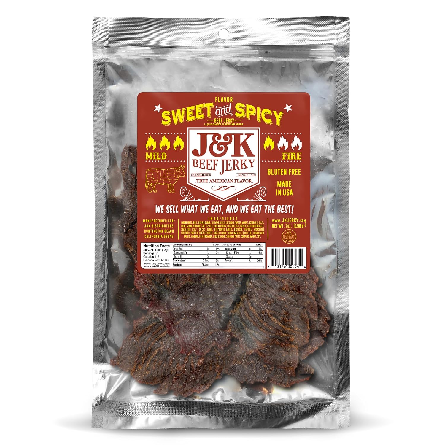J&K Sweet and Spicy Beef Jerky - Hand Crafted Small Batch American Made Slab Beef Jerky - Bold & Flavorful Snack! - 7oz Big Bag