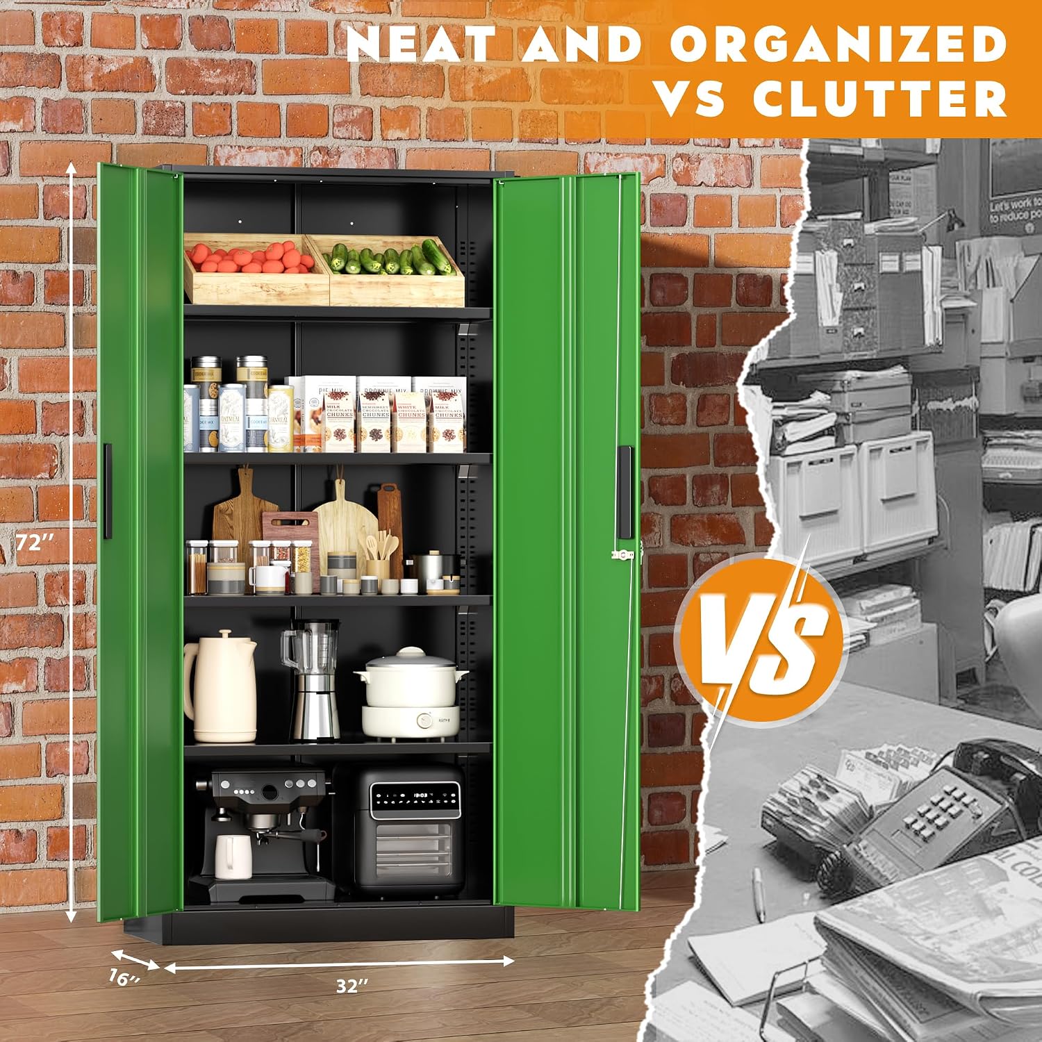 Greenvelly Steel SnapIt Storage Cabinet, 72" Locking Metal Garage Storage Cabinet with 4 Adjustable Shelves, 2 Doors and Lock for File, Office, Garage