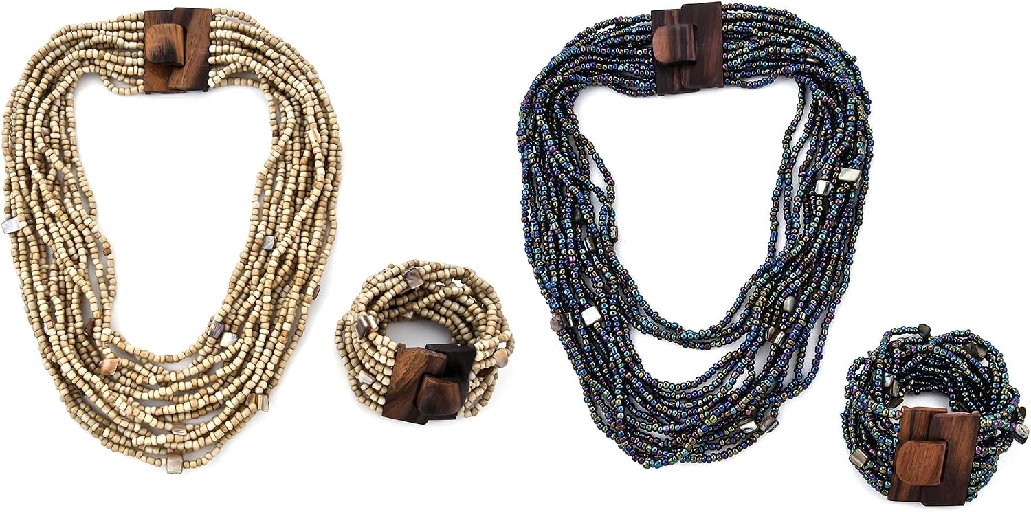 Shop LC Seed Bead Wooden Buckle Stretch Bracelet Multi Strand Layered Necklace Jewelry Set for Women Birthday Gifts 18"