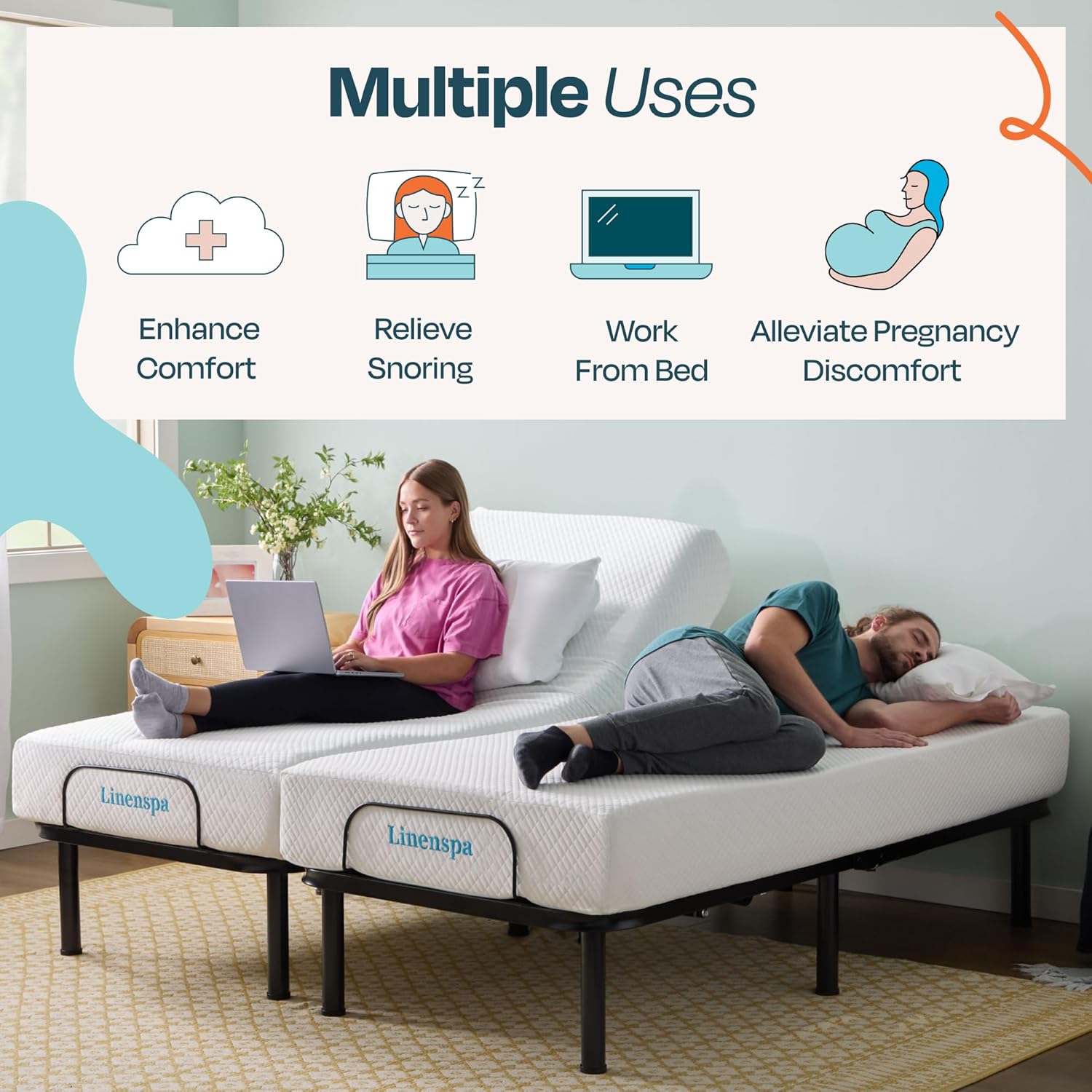 Linenspa Adjustable Bed Base — Motorized Head and Foot Incline — Full