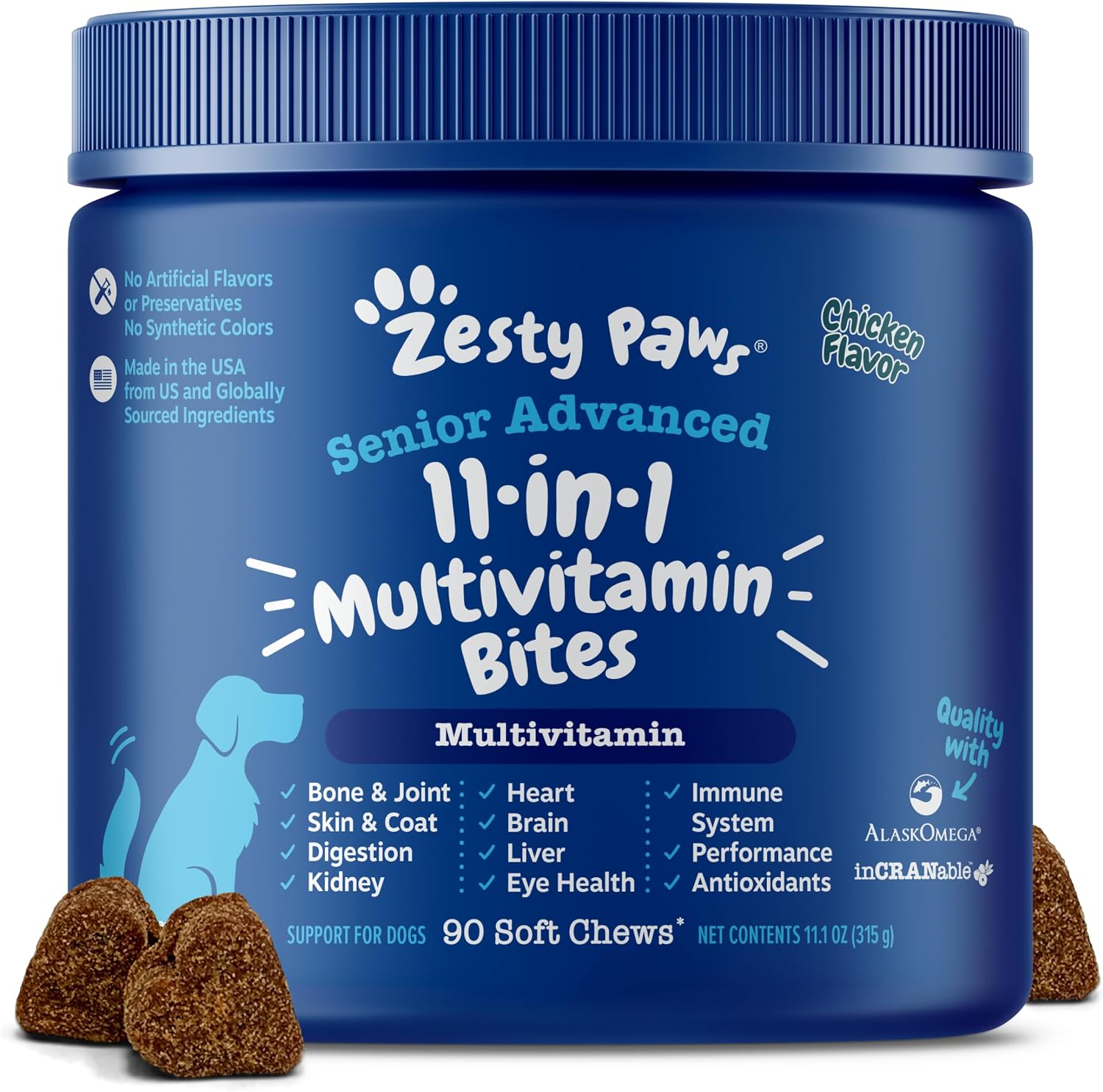 Zesty Paws Dog Multivitamin, Chewable Dog Vitamins and Supplements for Hip & Joints, Skin & Coat, Omega 3 Fish Oil for Dogs- Senior & Puppy Multivitamin- Chicken- 90ct