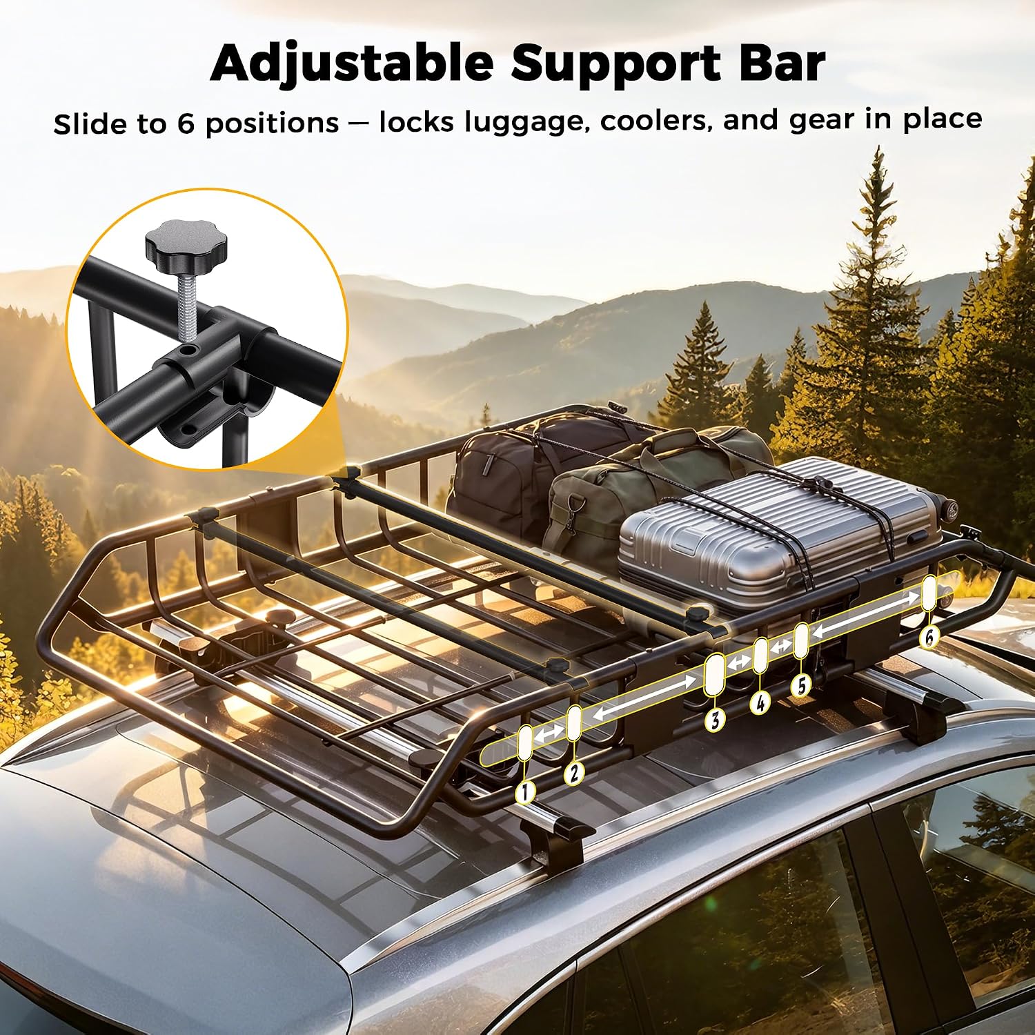 CAMMOO 54"x34" Roof Rack Basket Removable Fairing & Support Bars for Kayaks | All-In-One Kit Includes 15 Cu.Ft. Waterproof Bag, Cargo Net