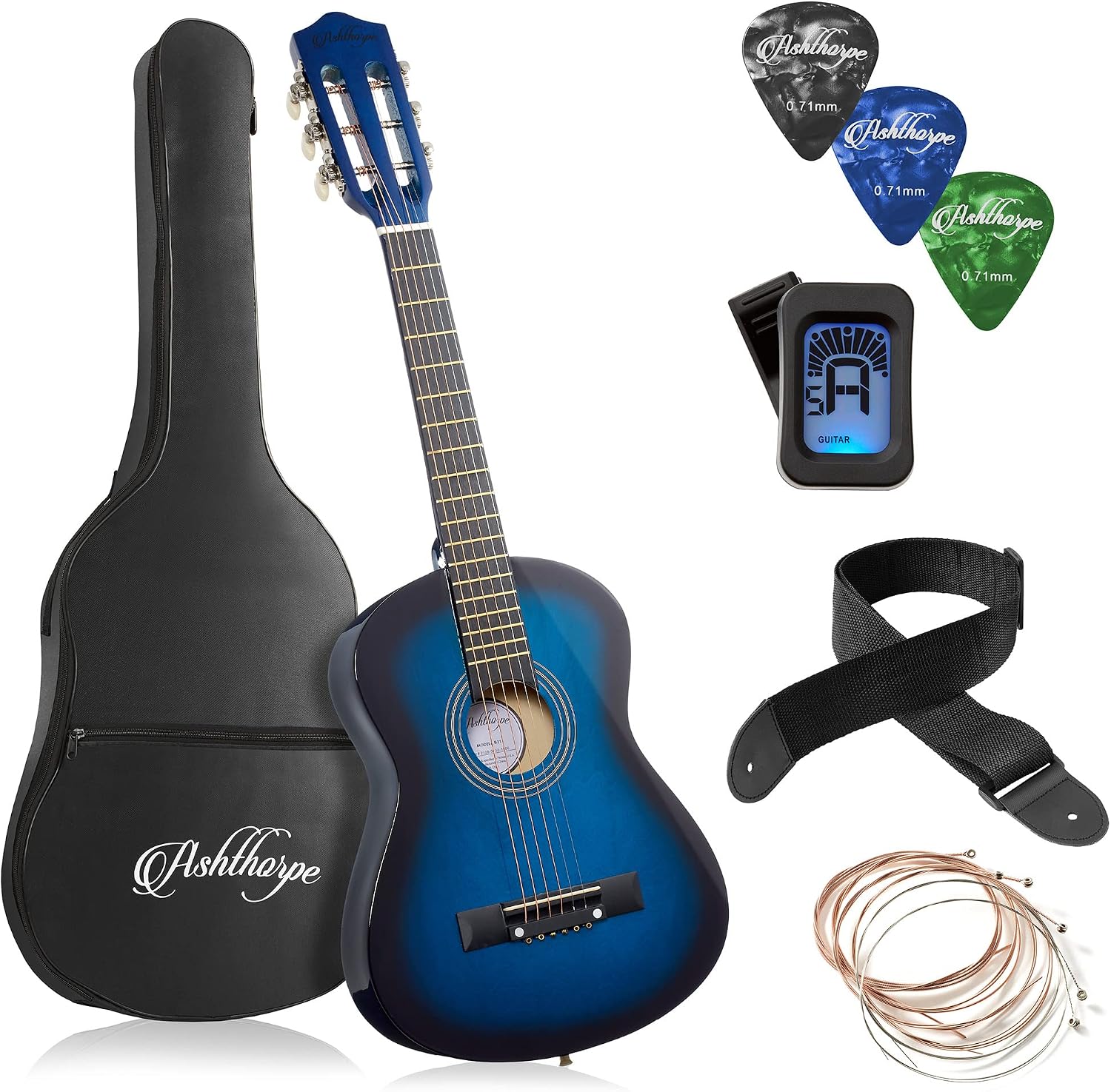 Ashthorpe 38-inch Beginner Acoustic Guitar (Red), Starter Kit with Gig Bag, Extra Strings, Strap, Picks, and Lessons