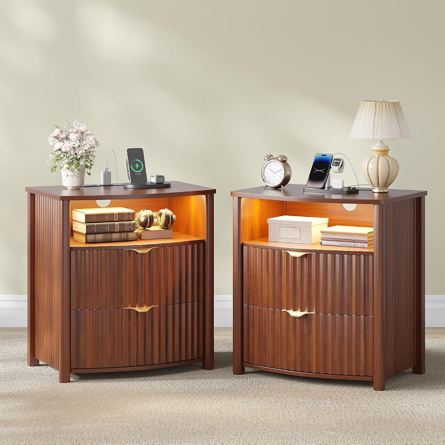 Dystler Fluted LED Night Stand with Hidden Gun Drawer & Charging | 19.7" W Curved Smart Bedside Table, 3-Color LED lights, 2 Drawers, Nightstand with Card-Lock, End Table for Bedroom, Walnut