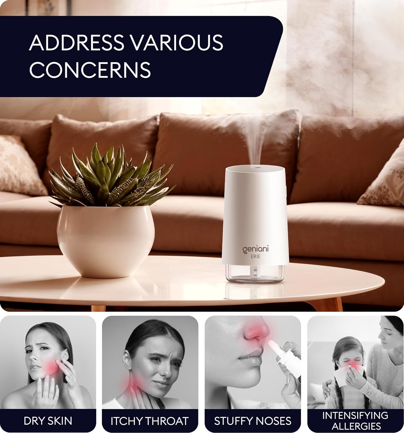 GENIANI Portable Cool Mist Humidifiers for Bedroom & Office - Ultrasonic Humidifier for Home, Baby, Small Room with Auto Shut Off