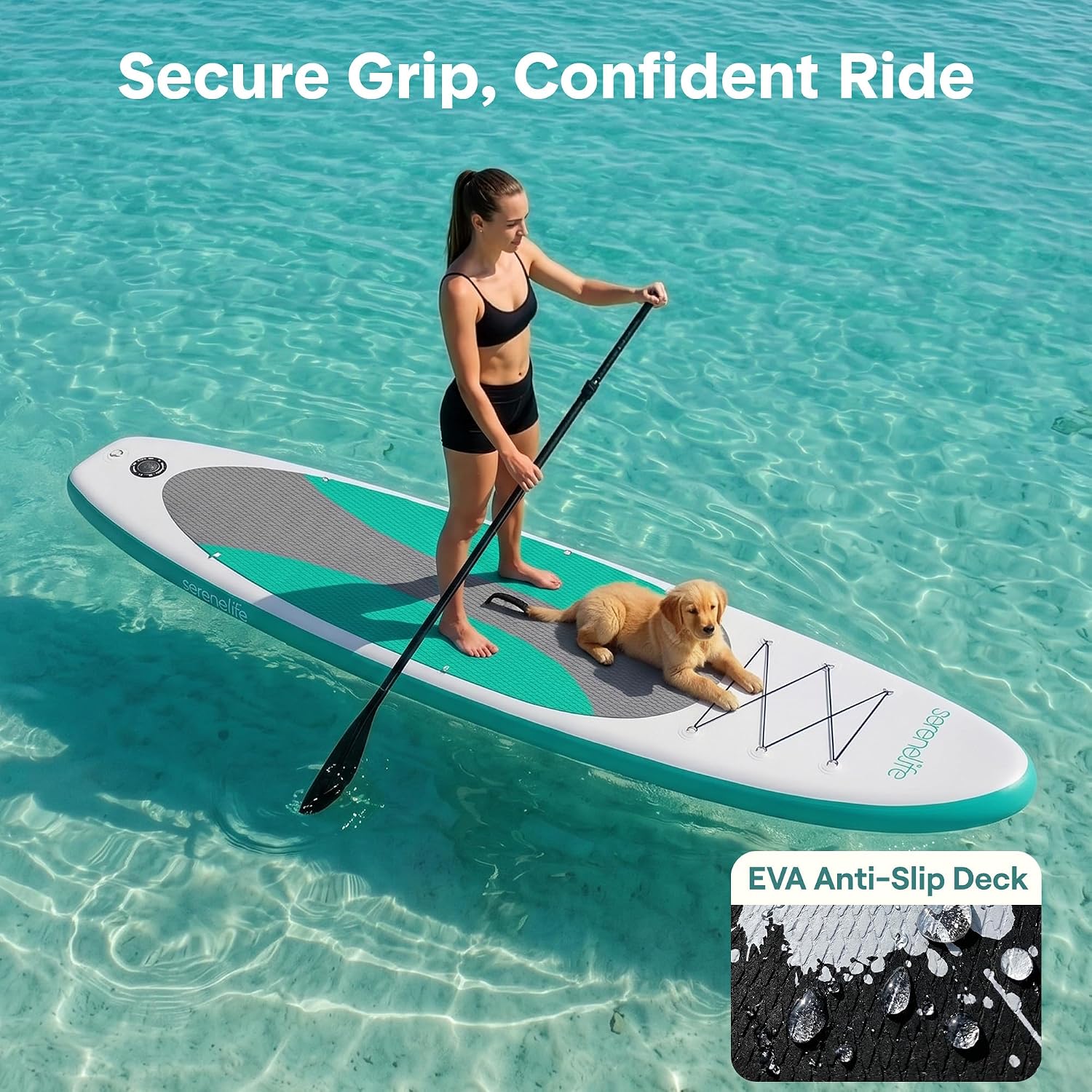 SereneLife 10’ Inflatable Stand Up Paddle Board with Premium SUP Accessories - Wide Stable Design with Non-Slip EVA Deck Pad, for Youth and Adults, 350 lbs. Capacity