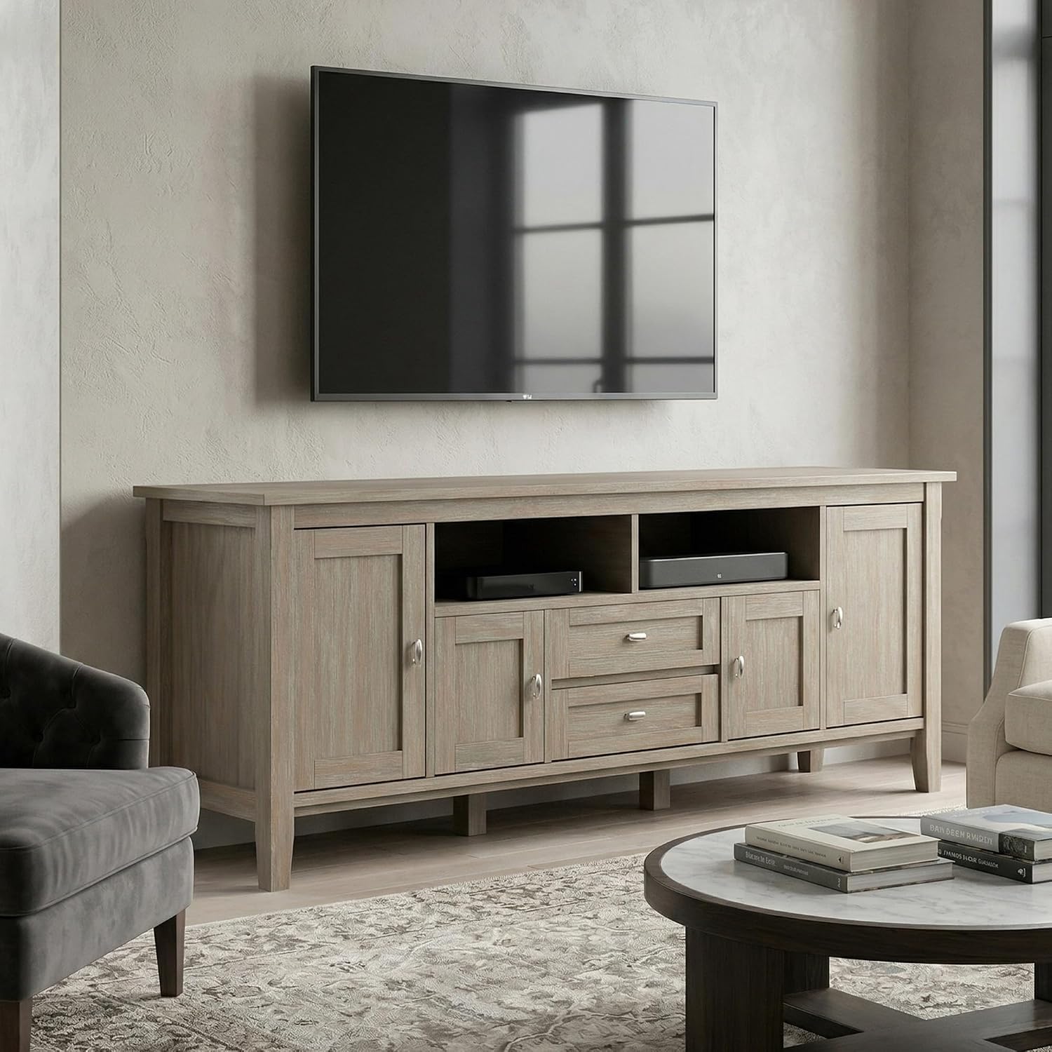 SIMPLIHOME Warm Shaker 47" Wide Solid Wood TV Stand in Light Golden Brown