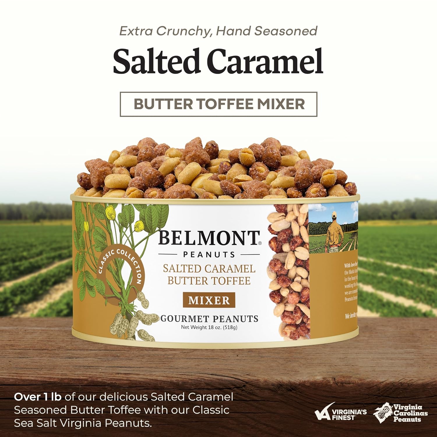 Belmont Peanuts Gourmet Sea-Salted Virginia Peanuts, 20 oz (1 Pack) – Only 3 Simple Ingredients, No Preservatives, 7g Protein – A Premium, Salty, Crunchy, Hand Seasoned Snack