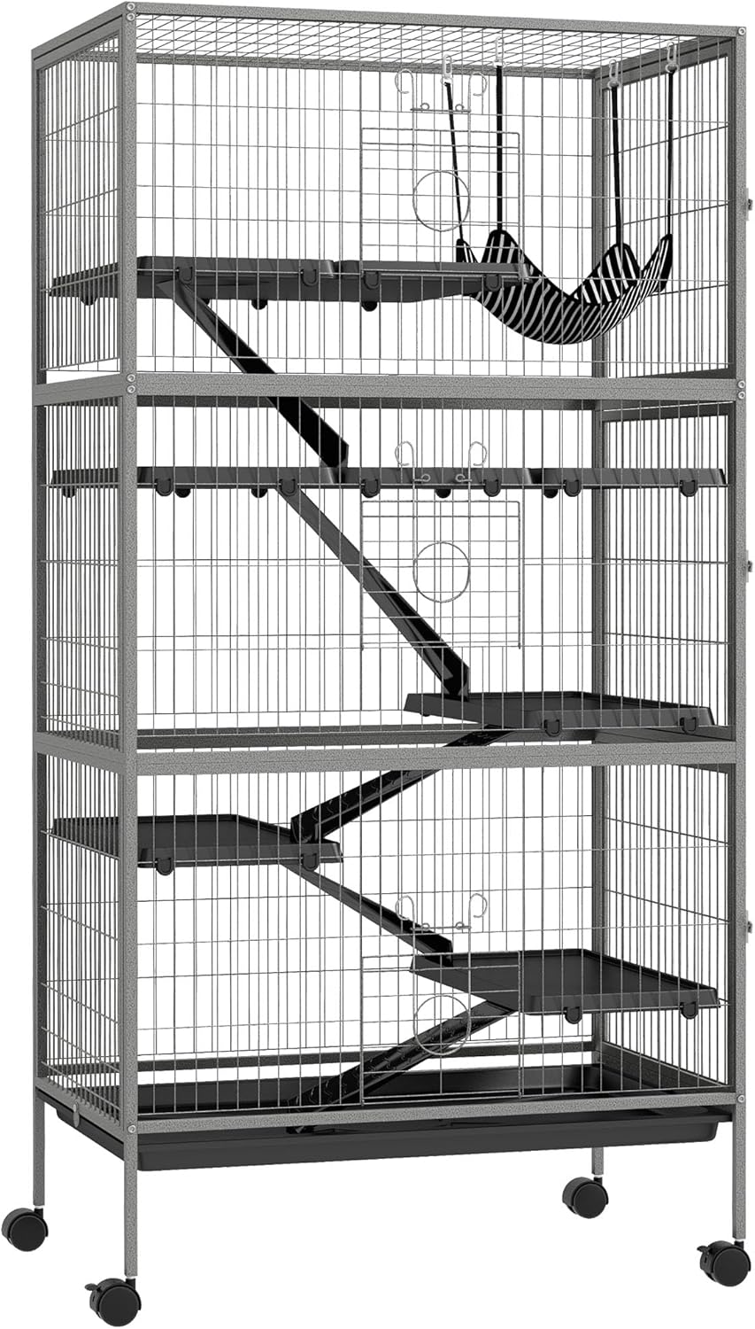 PawHut Metal Small Animal Cage, 4-Tiers Rolling Big Ferret Cage, Gray